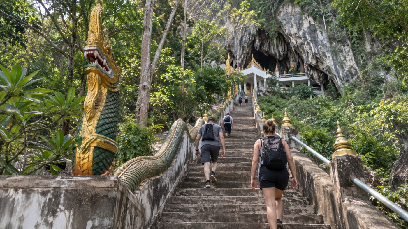 Visitors climbing the 600-step staircase to Erawan Cave