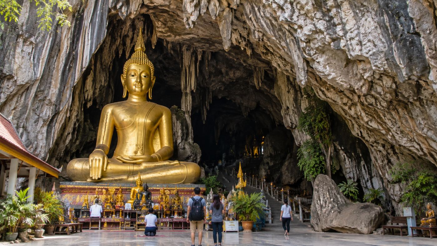 The giant golden Buddha at the entrance to Erawan Cave