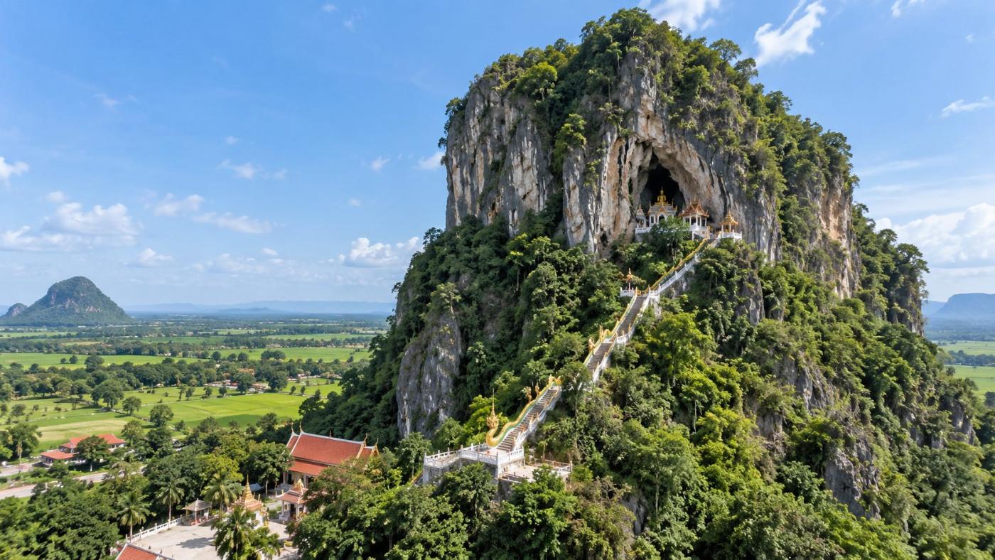 Erawan Cave, Nong Bua Lamphu, aerial view of the limestone mountain and staircase