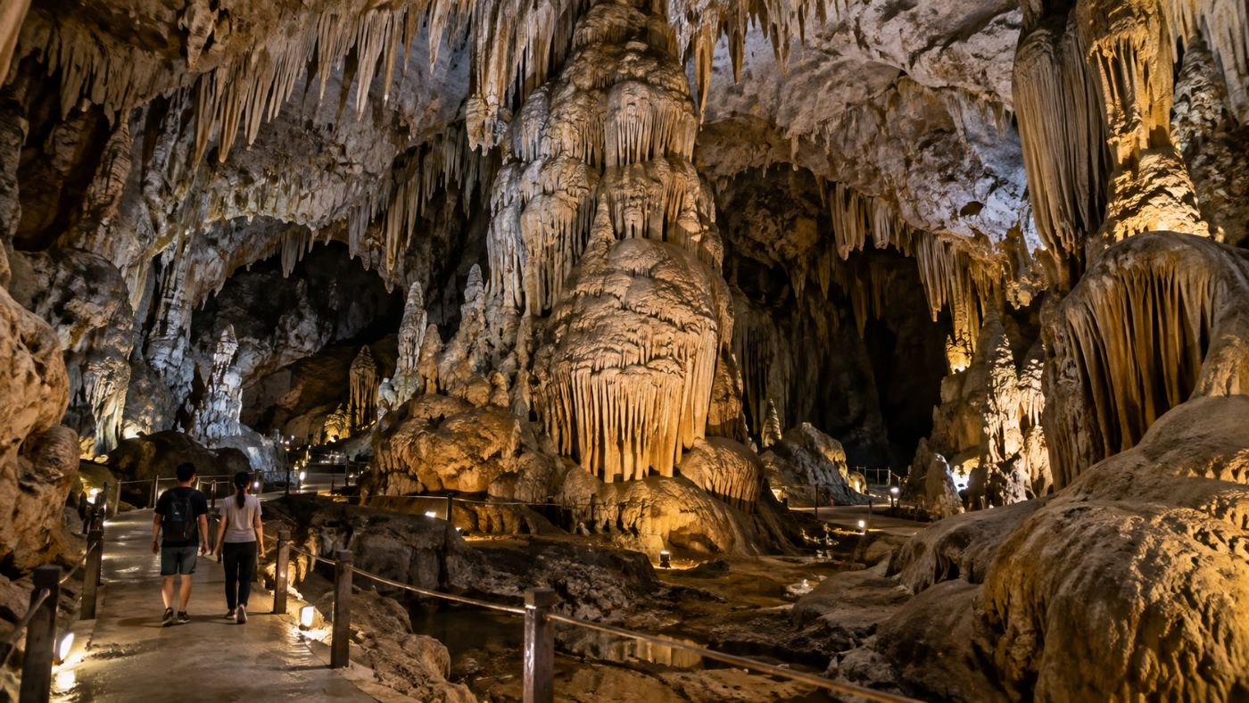 Stalactites and stalagmites inside Erawan Cave