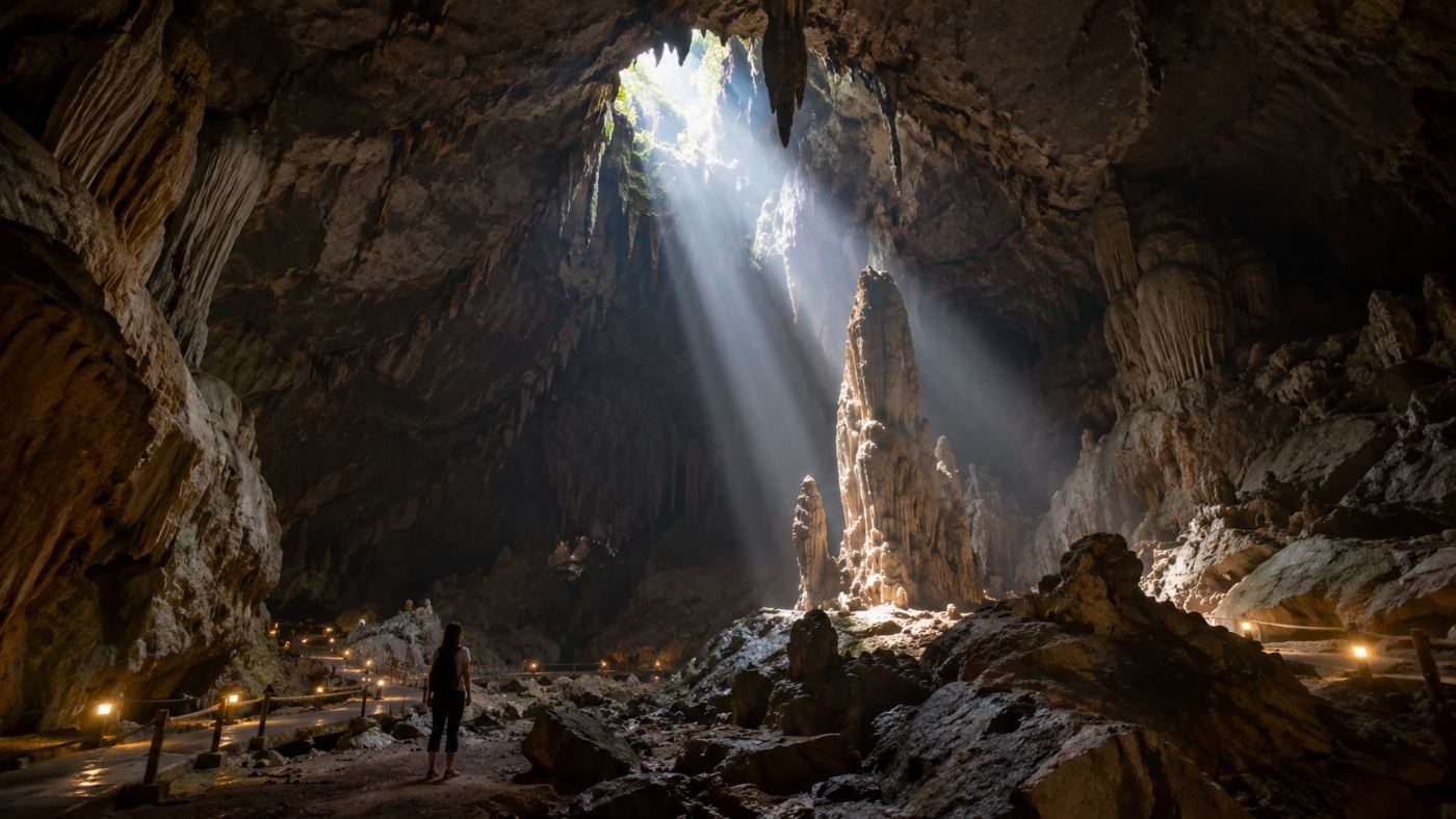 A sunbeam illuminating the limestone cavern inside Erawan Cave