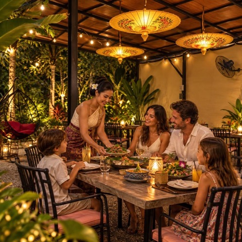 Family enjoying fresh Isan dining at Nakara Villas