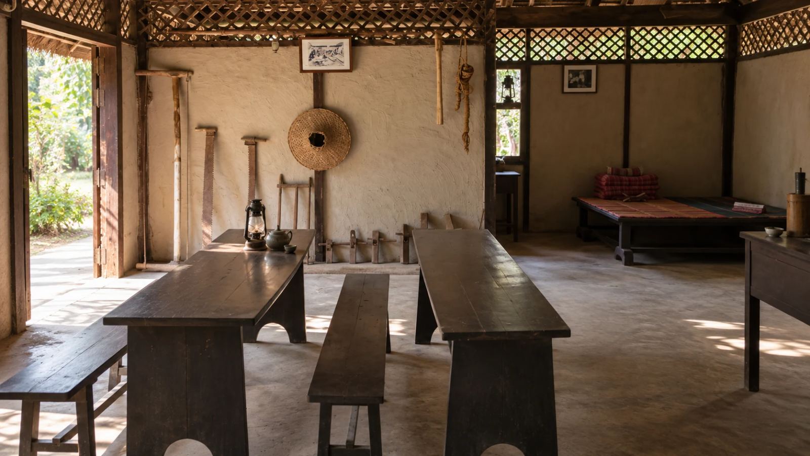 Simple interior of the reconstructed living quarters at Ho Chi Minh Historical Park