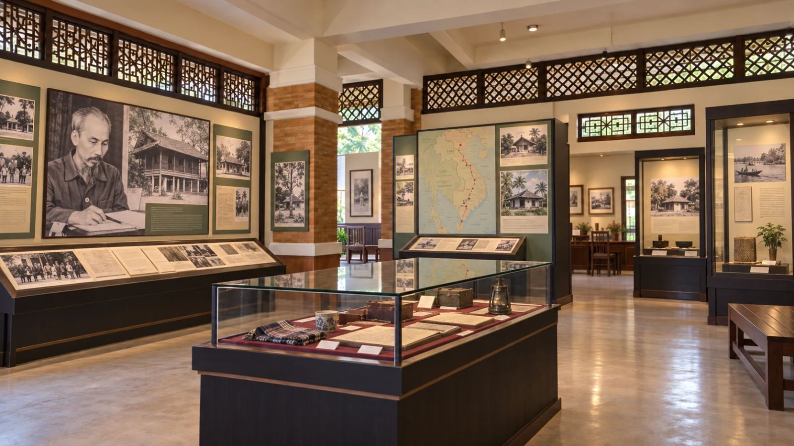 Museum exhibition of historical photographs, maps and documents at Ho Chi Minh Historical Park
