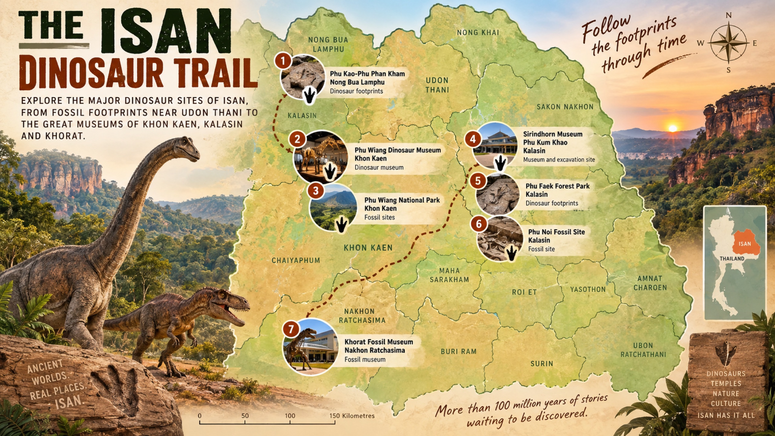 Map of the Isan Dinosaur Trail showing seven sites across Nong Bua Lamphu, Khon Kaen, Kalasin and Nakhon Ratchasima