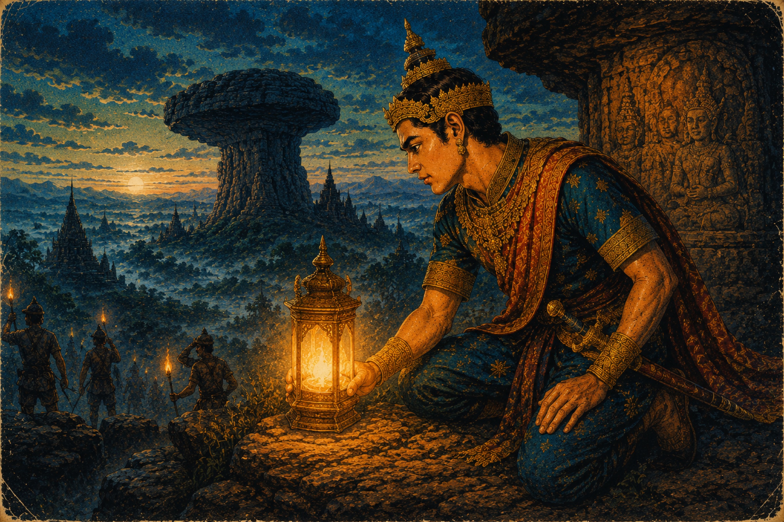 Tao Barot placing the lantern on the rock at night