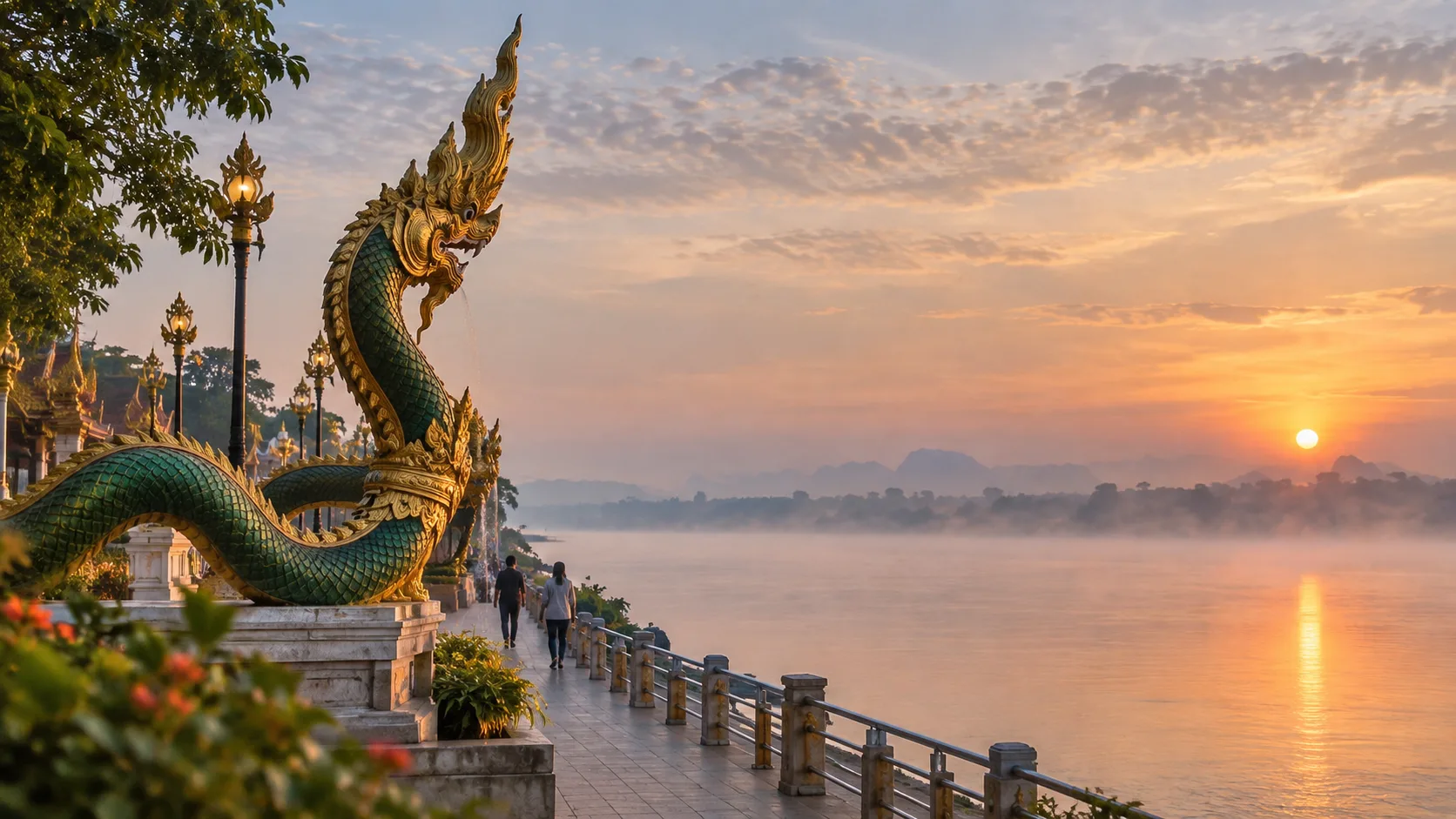 Naga sculpture beside the Mekong River at sunrise in Nong Khai, Thailand.