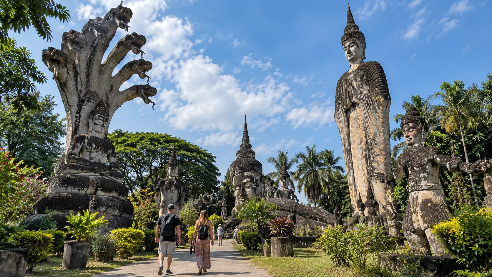 Visitors walking among giant mythological sculptures at Sala Keoku in Nong Khai, Thailand.