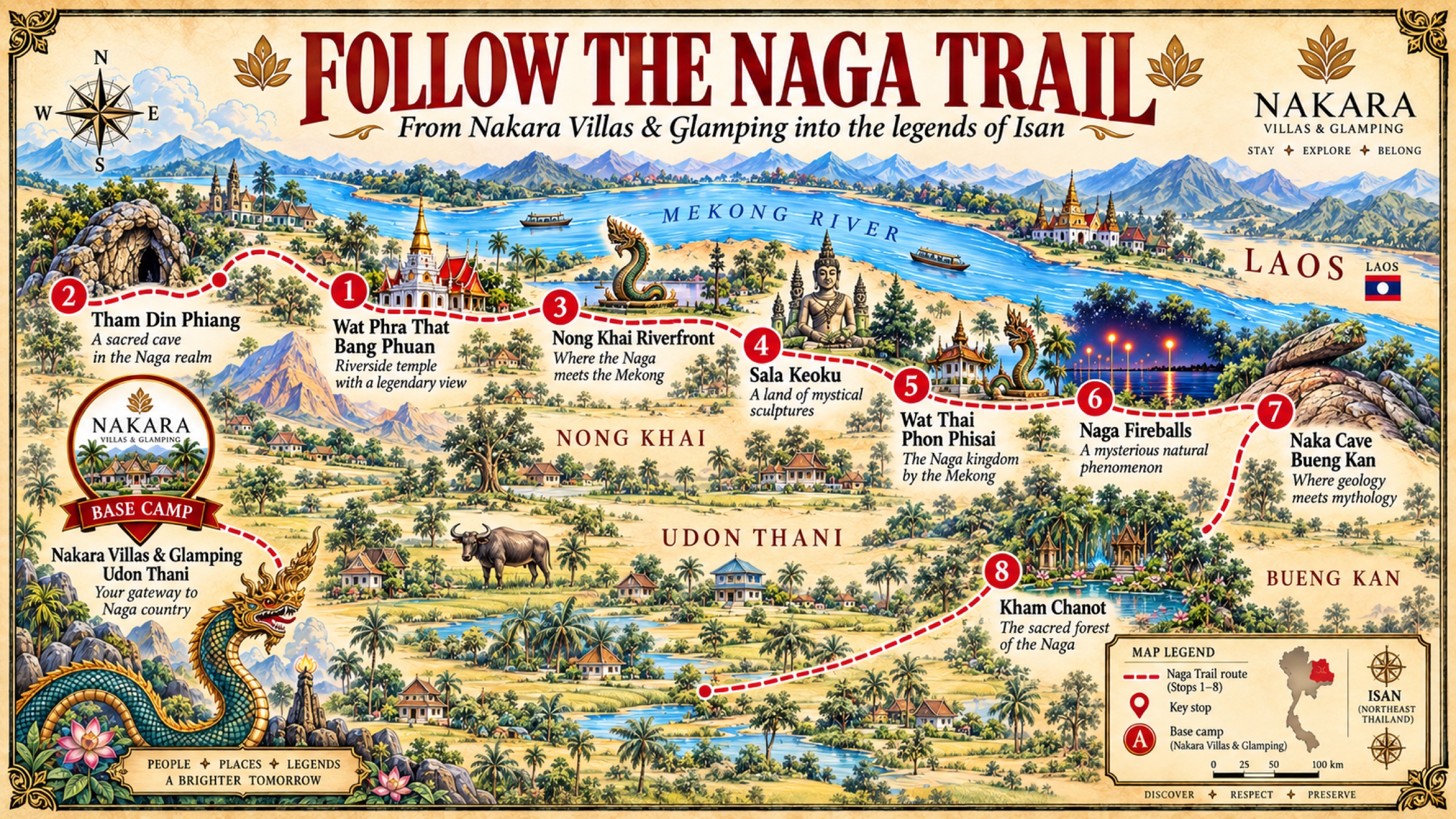 Illustrated Naga Trail map showing Wat Phra That Bang Phuan, Tham Din Phiang, Nong Khai, Sala Keoku, Phon Phisai, Naka Cave and Kham Chanot