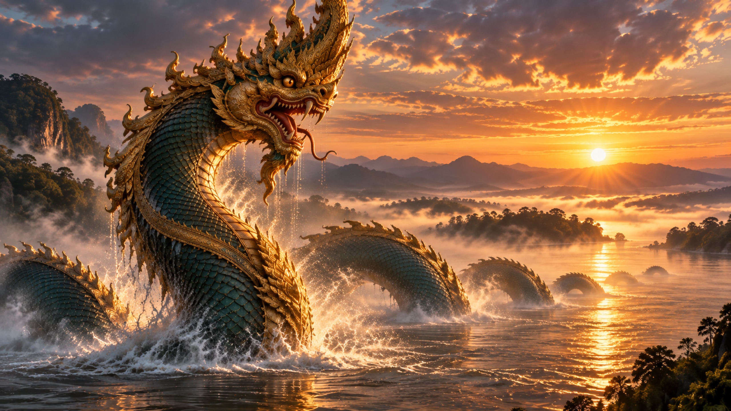 Photorealistic Naga rising from the Mekong River at sunrise, surrounded by morning mist in Northeast Thailand.