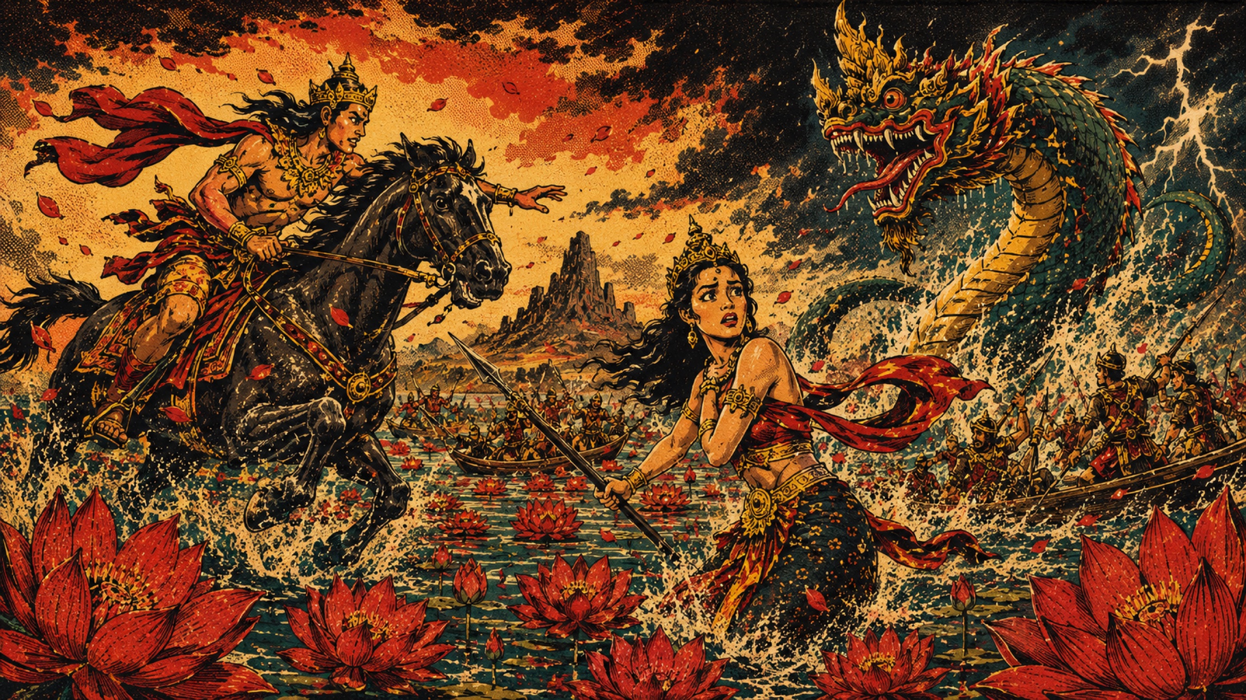 Phadaeng rides with Nang Ai as a giant Naga tail catches her