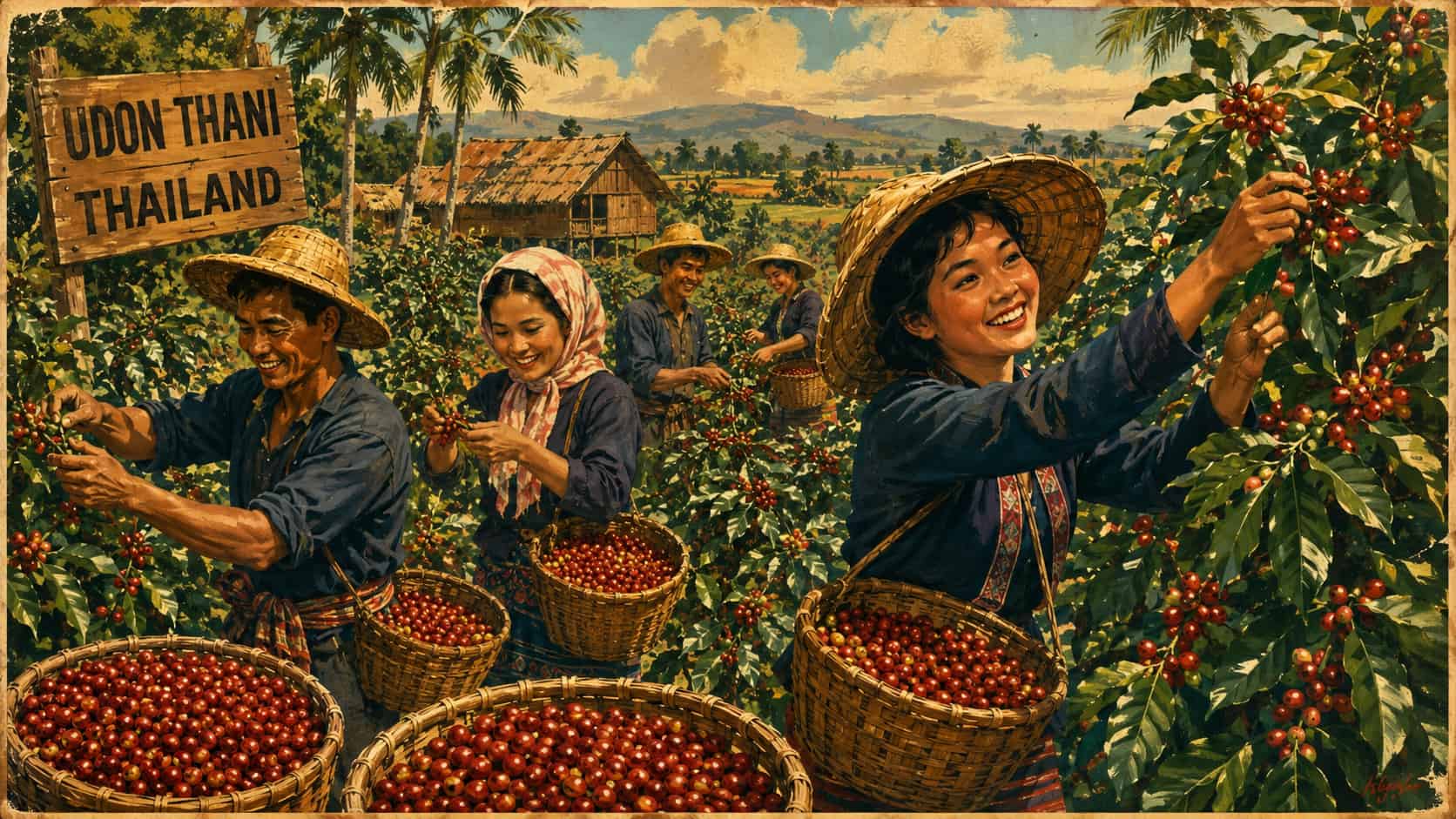 Local Udon Thani Robusta farmers harvesting coffee cherries