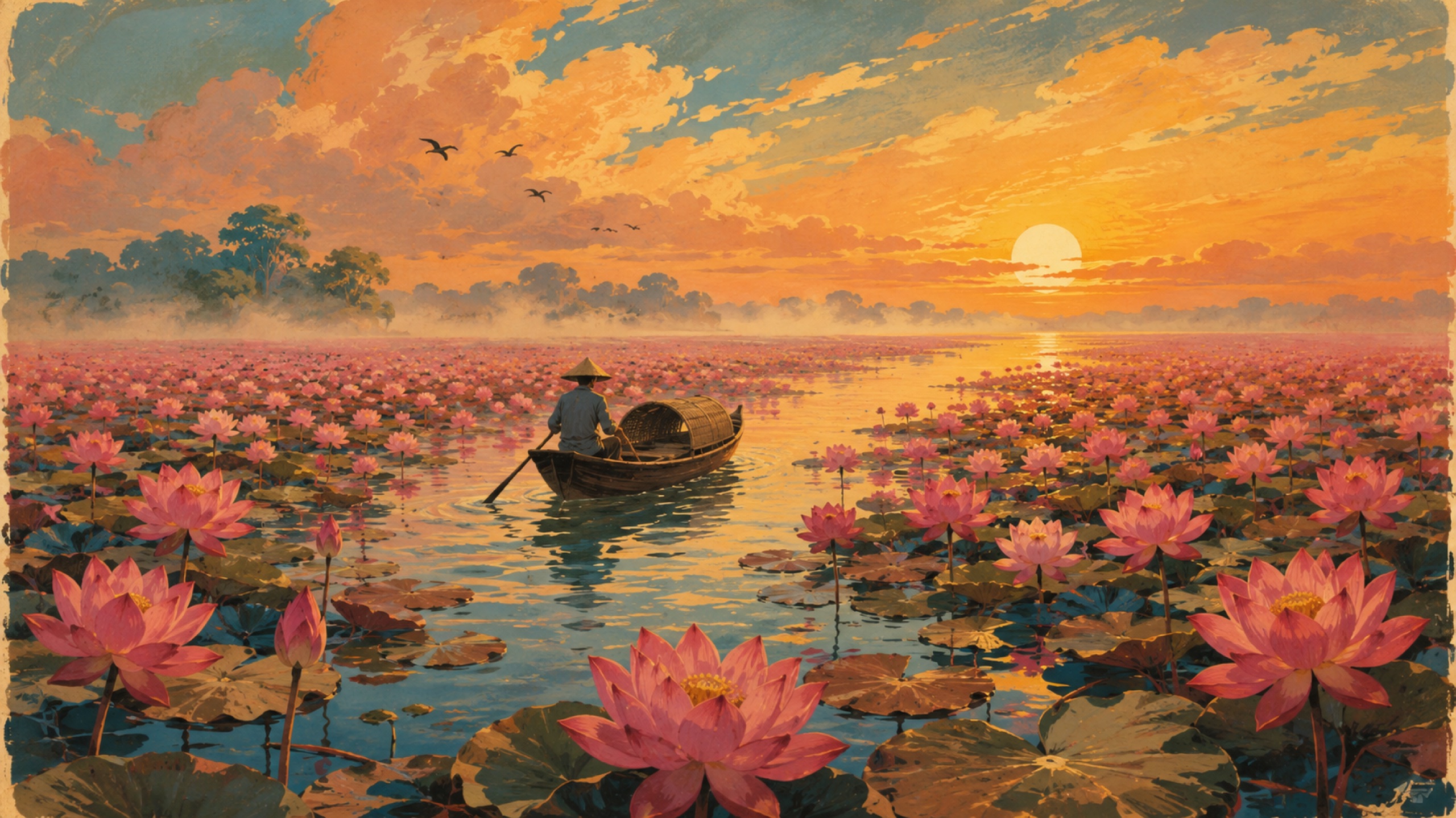 A boatman crosses the Red Lotus Lake at sunrise