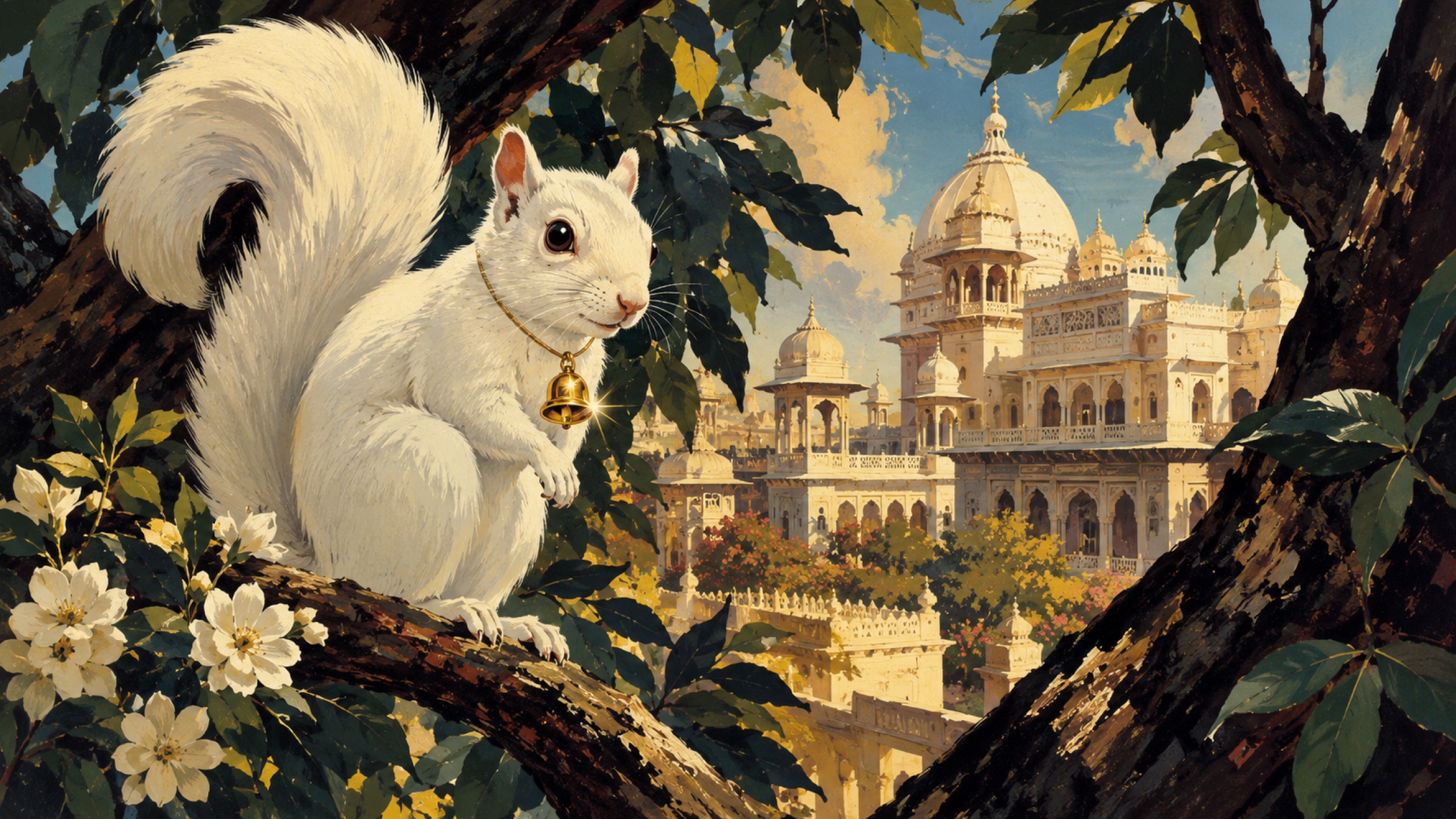 Phangki disguised as a white squirrel with a golden bell