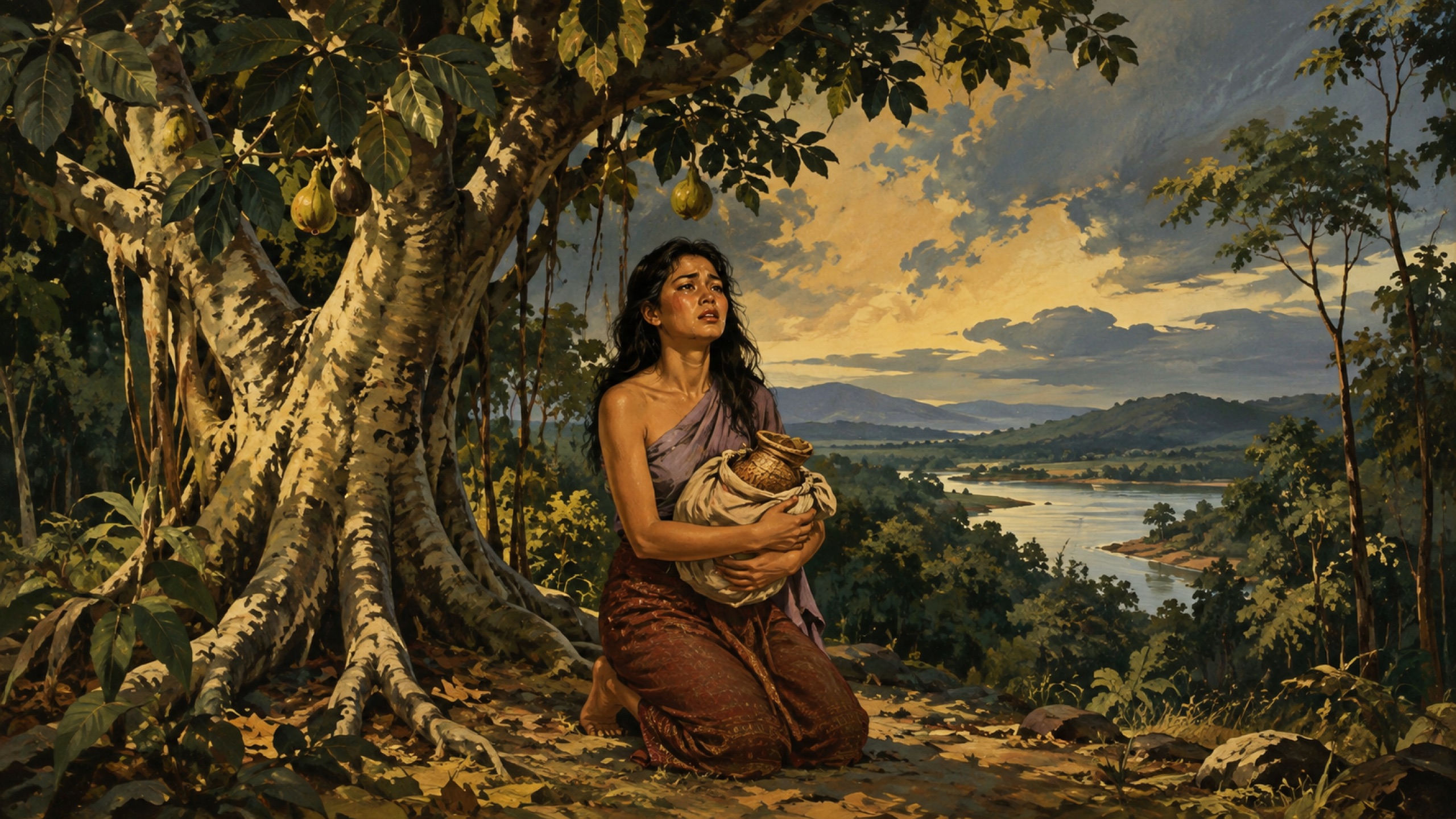 Nang Ai, betrayed and alone in the forest, makes a vow by the river