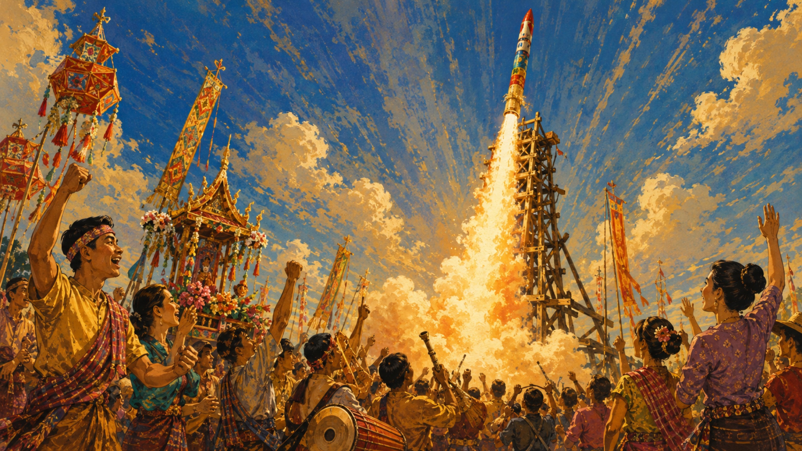 A Bun Bang Fai rocket launching, crowds cheering below