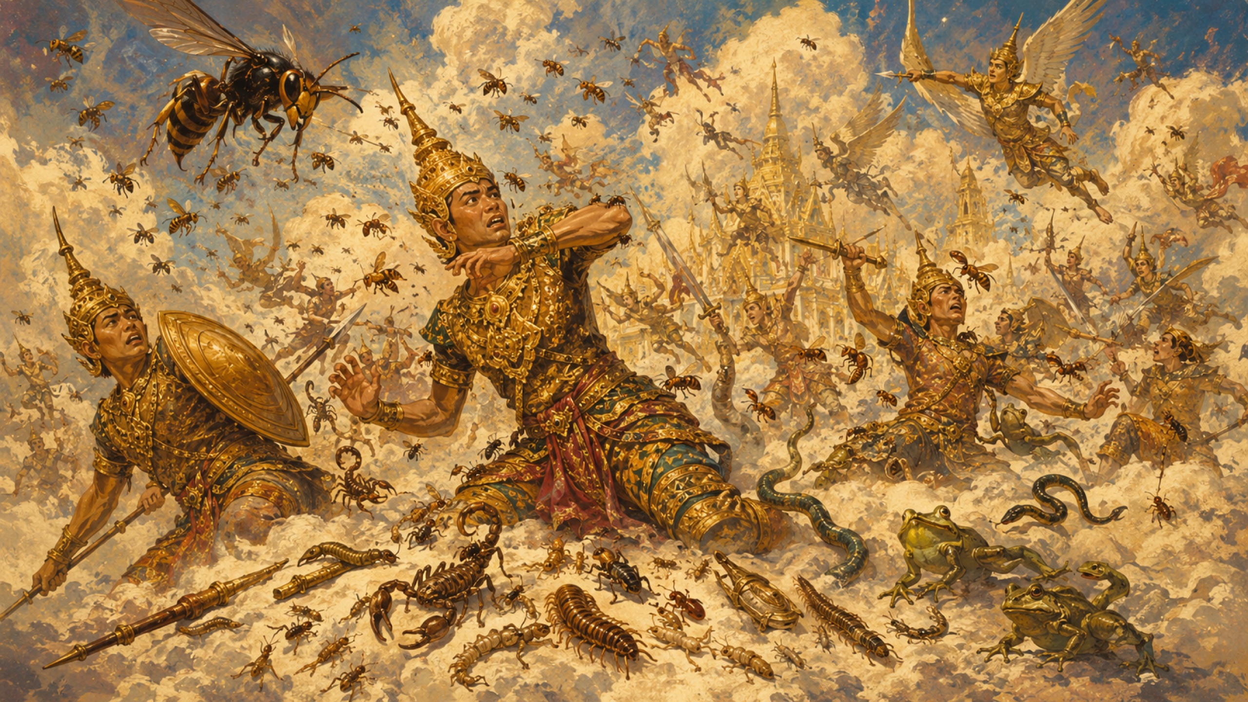 Insects and small creatures swarming the armies of heaven, chaos in the sky