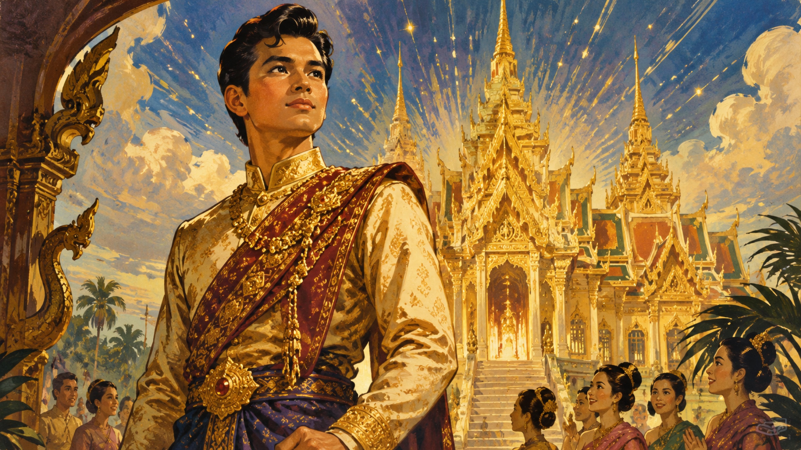 The Toad Prince transformed, a glittering palace behind him