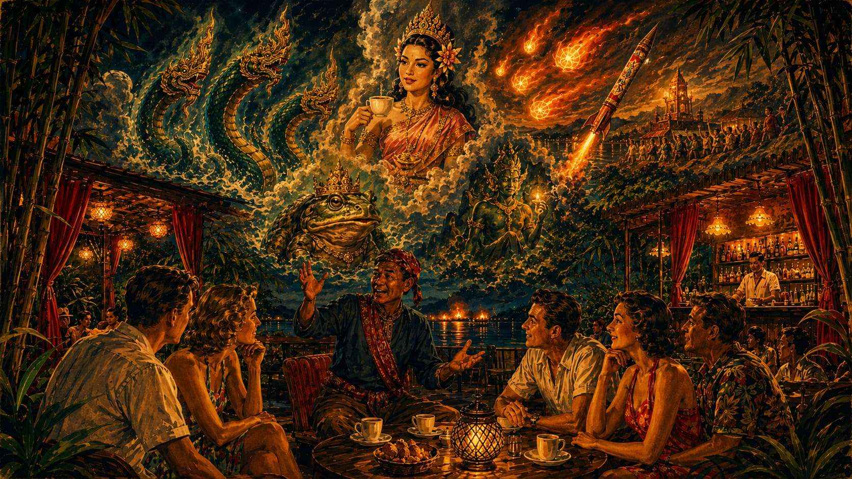 A local storyteller sharing Isan legends over coffee