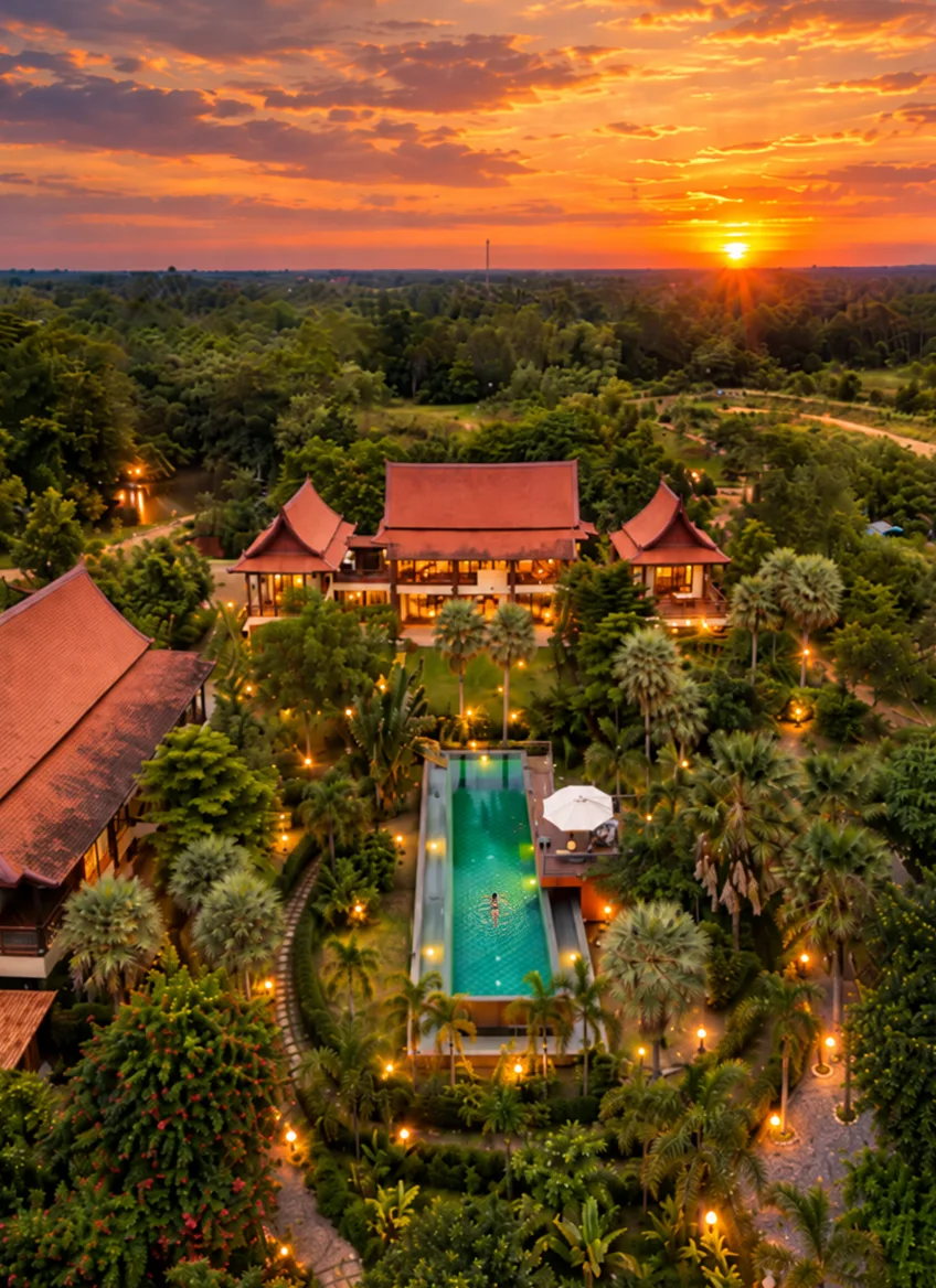 Aerial view of the villa and pool at sunset