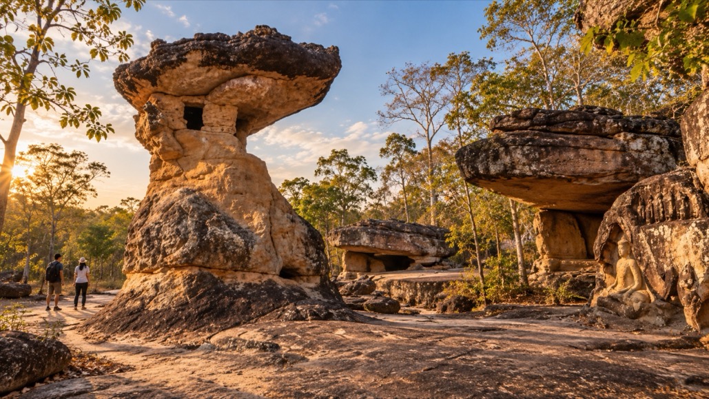 Mushroom-shaped sandstone rock formations at Phu Phra Bat Historical Park at sunrise