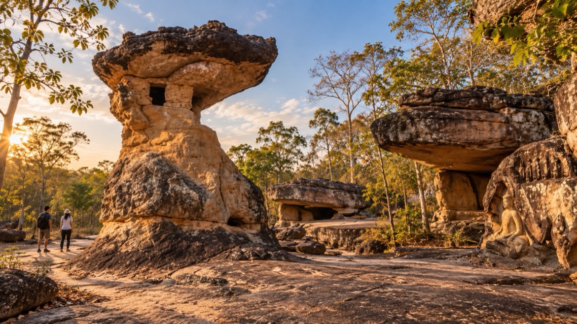 Mushroom-shaped sandstone rock formations at Phu Phra Bat Historical Park at sunrise