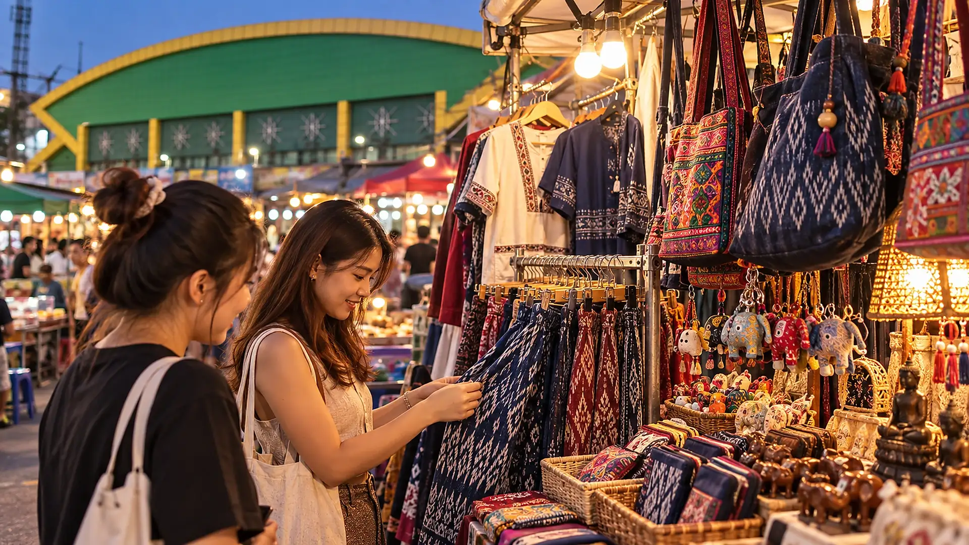 Shoppers browsing clothing and goods at Udon Thani Night Market