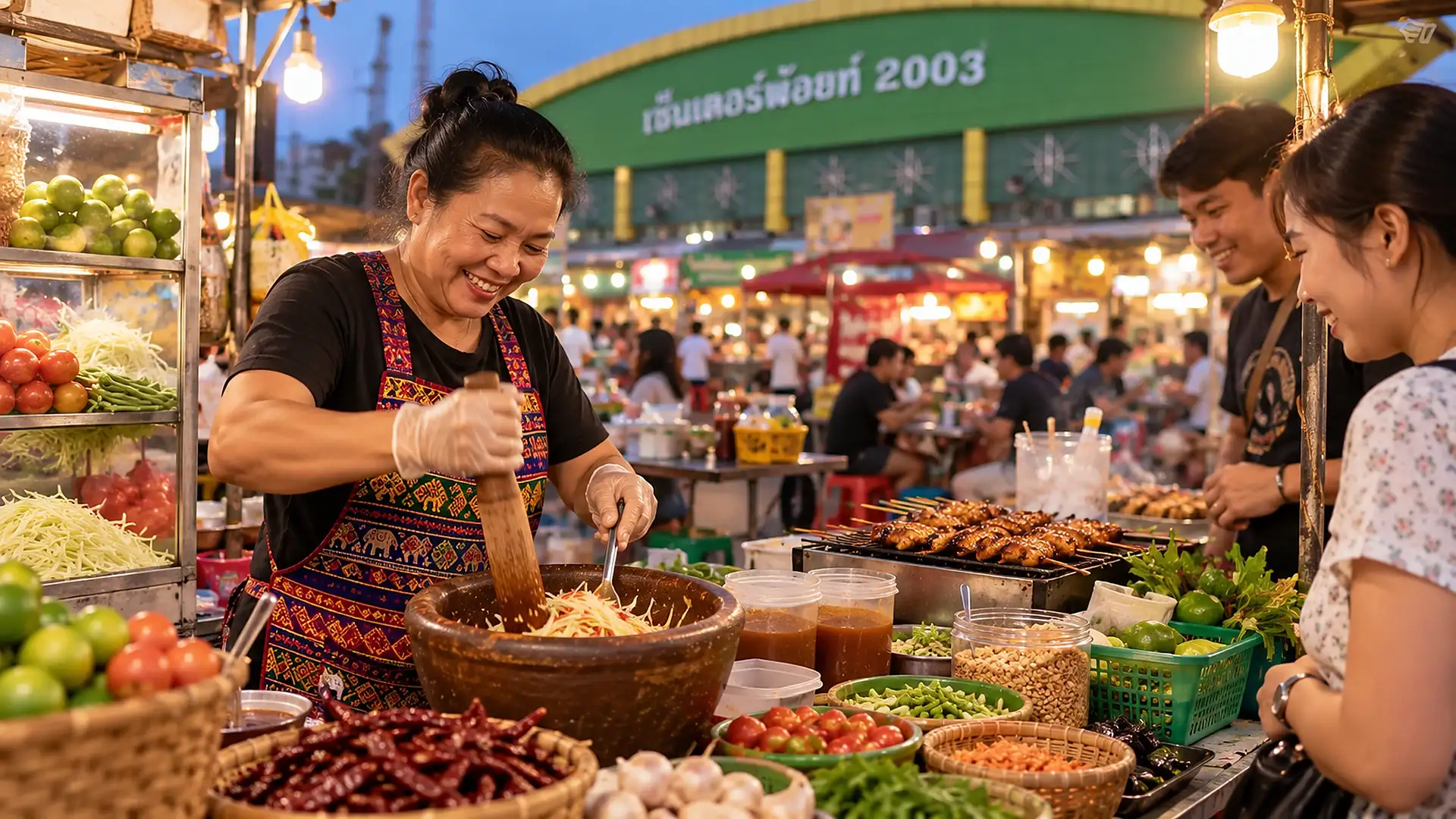 Som tam and Isan street food being prepared at Udon Thani Night Market