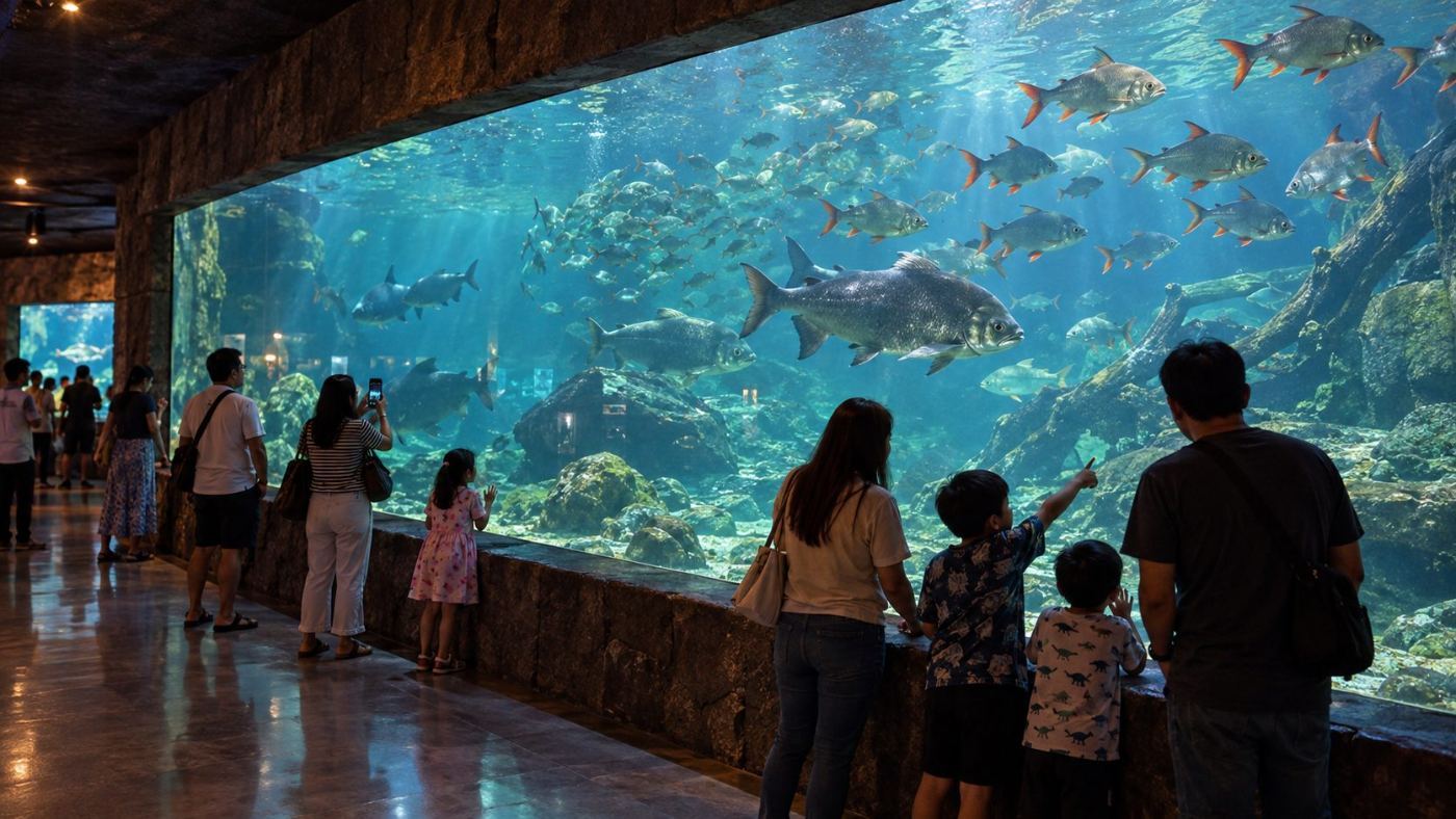 Visitors watching Mekong fish swim past the viewing tunnel at Nong Khai Aquarium