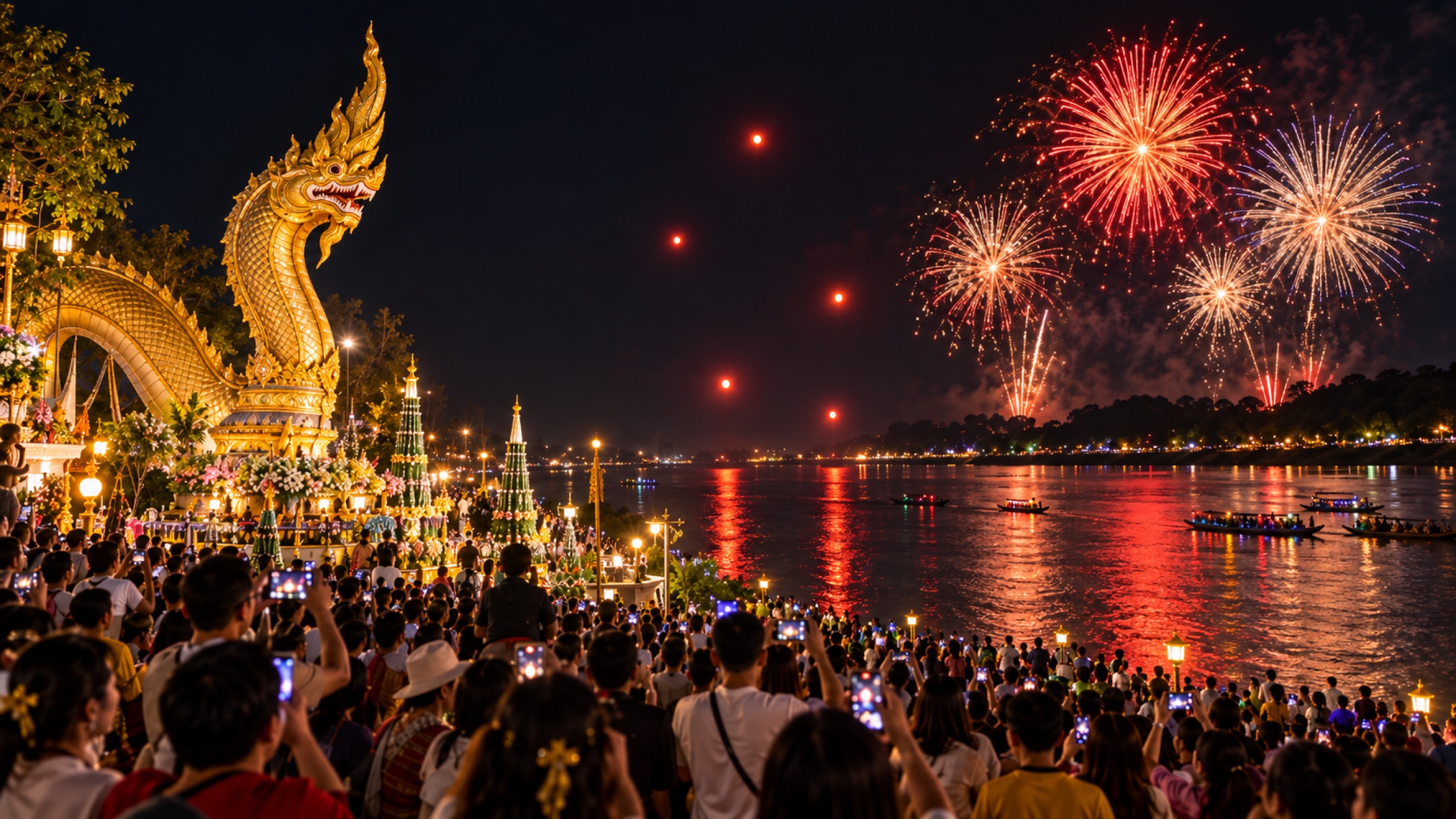 Naga fireball festival fireworks over the Mekong at Nong Khai
