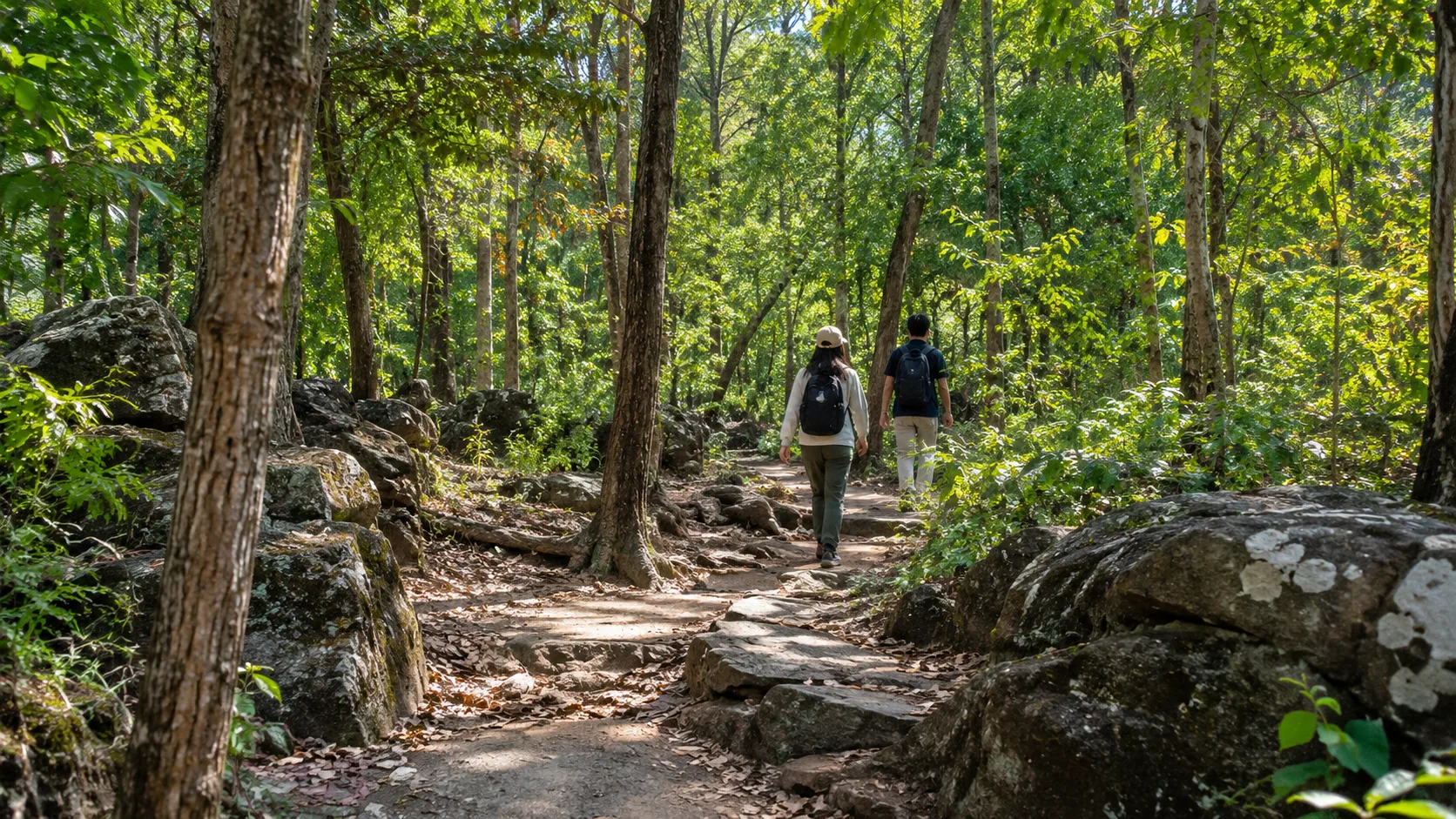Visitors walking a forest nature trail at Phu Foi Lom in Udon Thani.