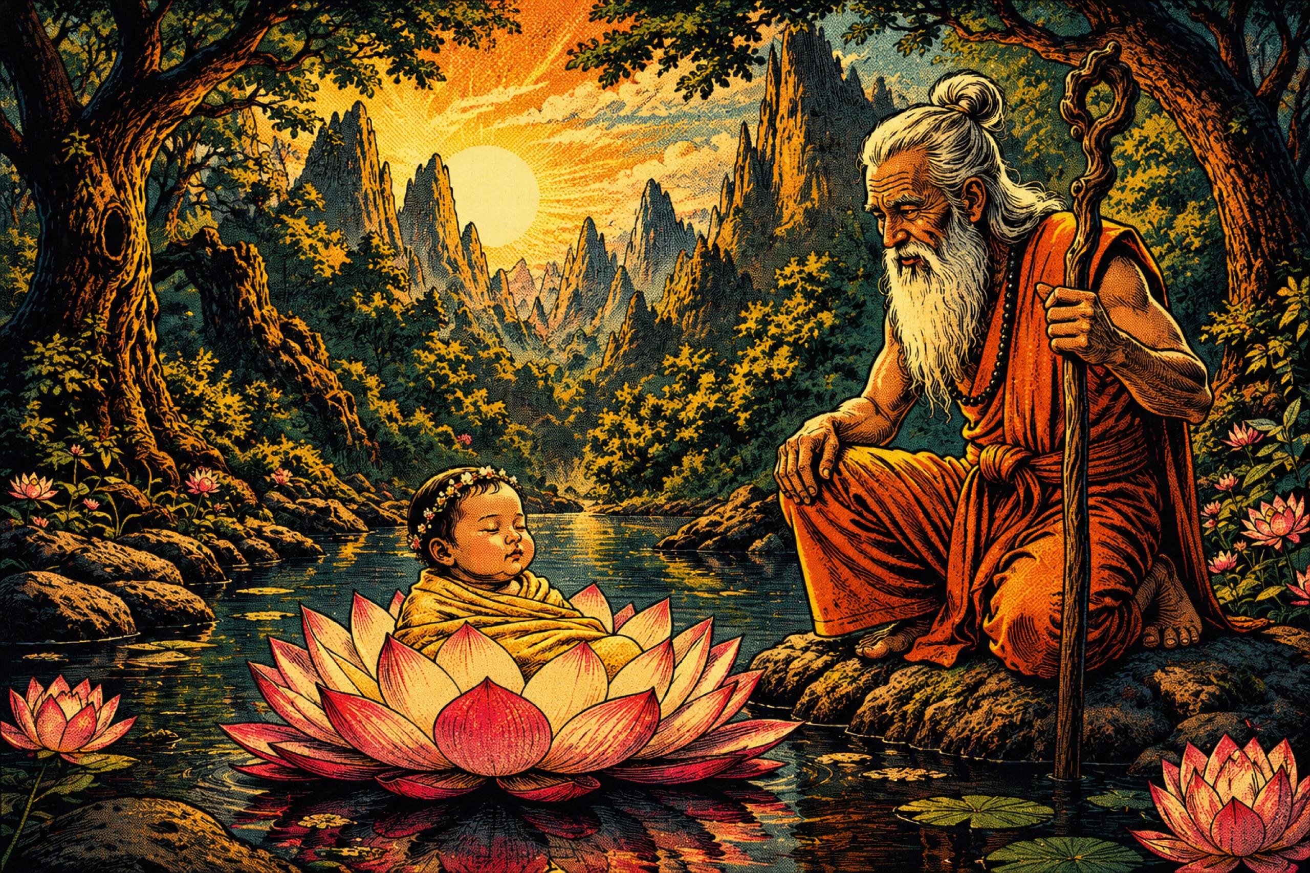 A baby girl appeared within a lotus flower, watched by the hermit Ruesi Chanta