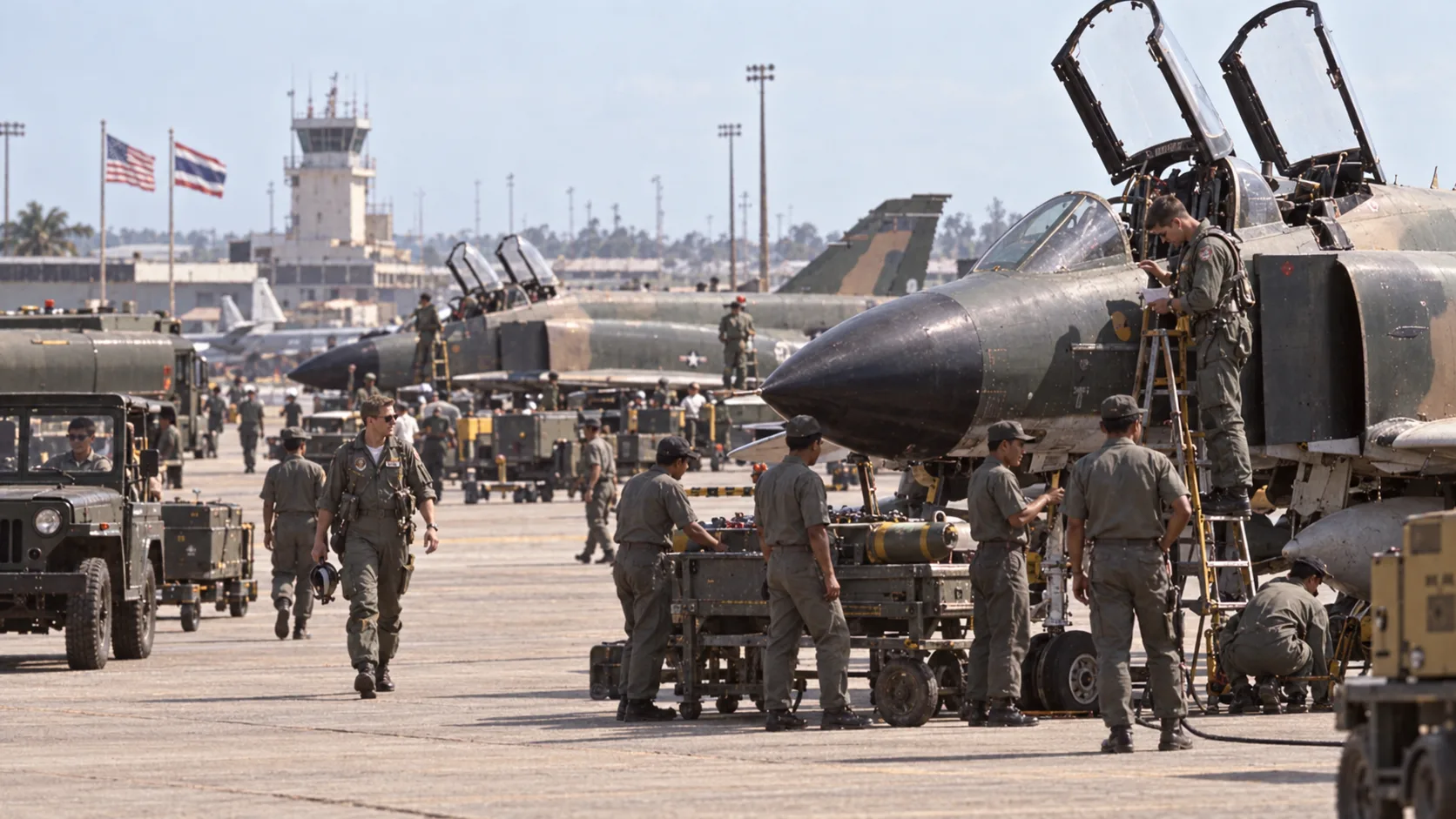 Fighter aircraft and ground crews at Udorn Royal Thai Air Force Base during the Vietnam War era