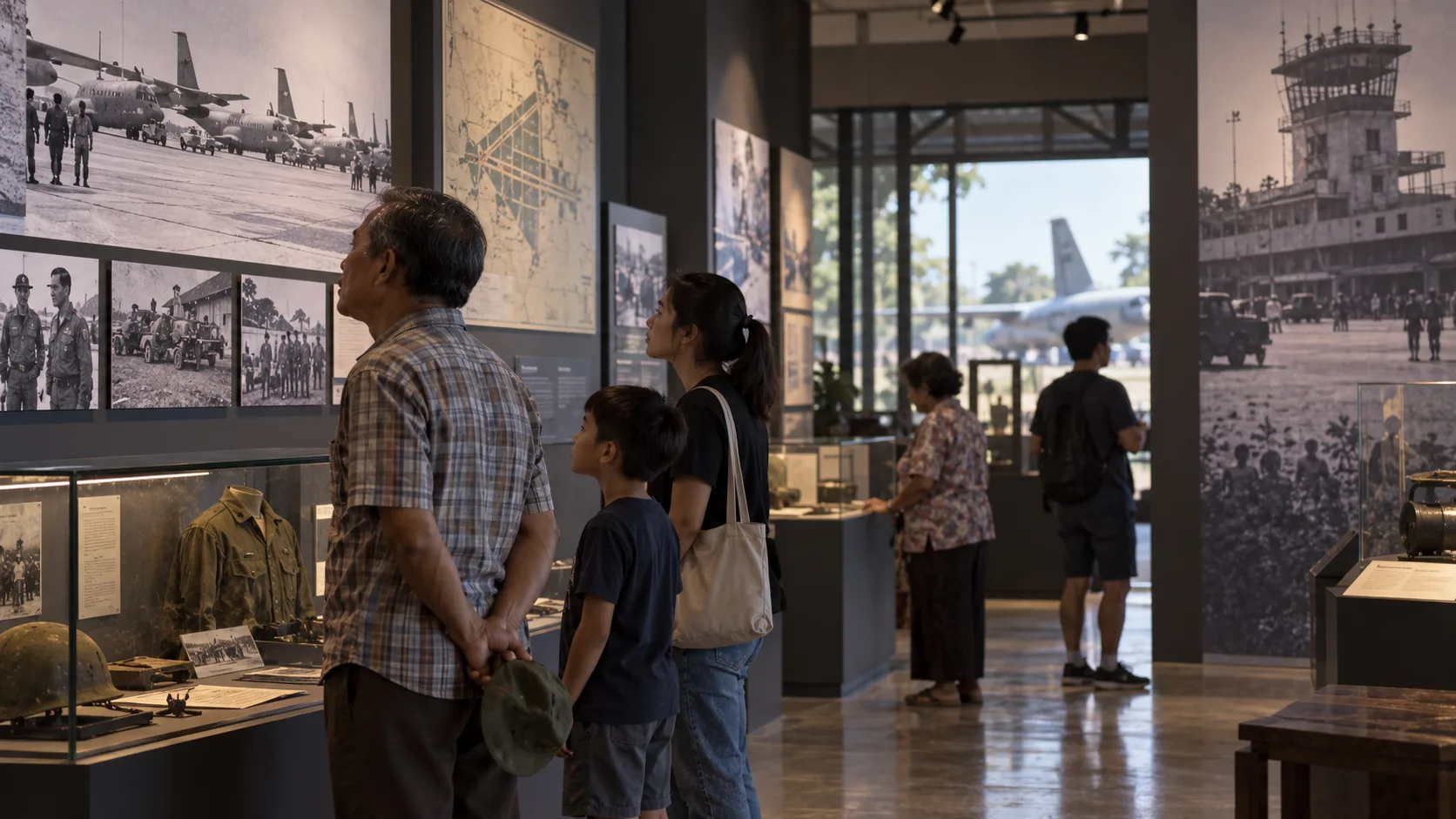 Family exploring an illustrated exhibition about Udon Thani's Vietnam War history