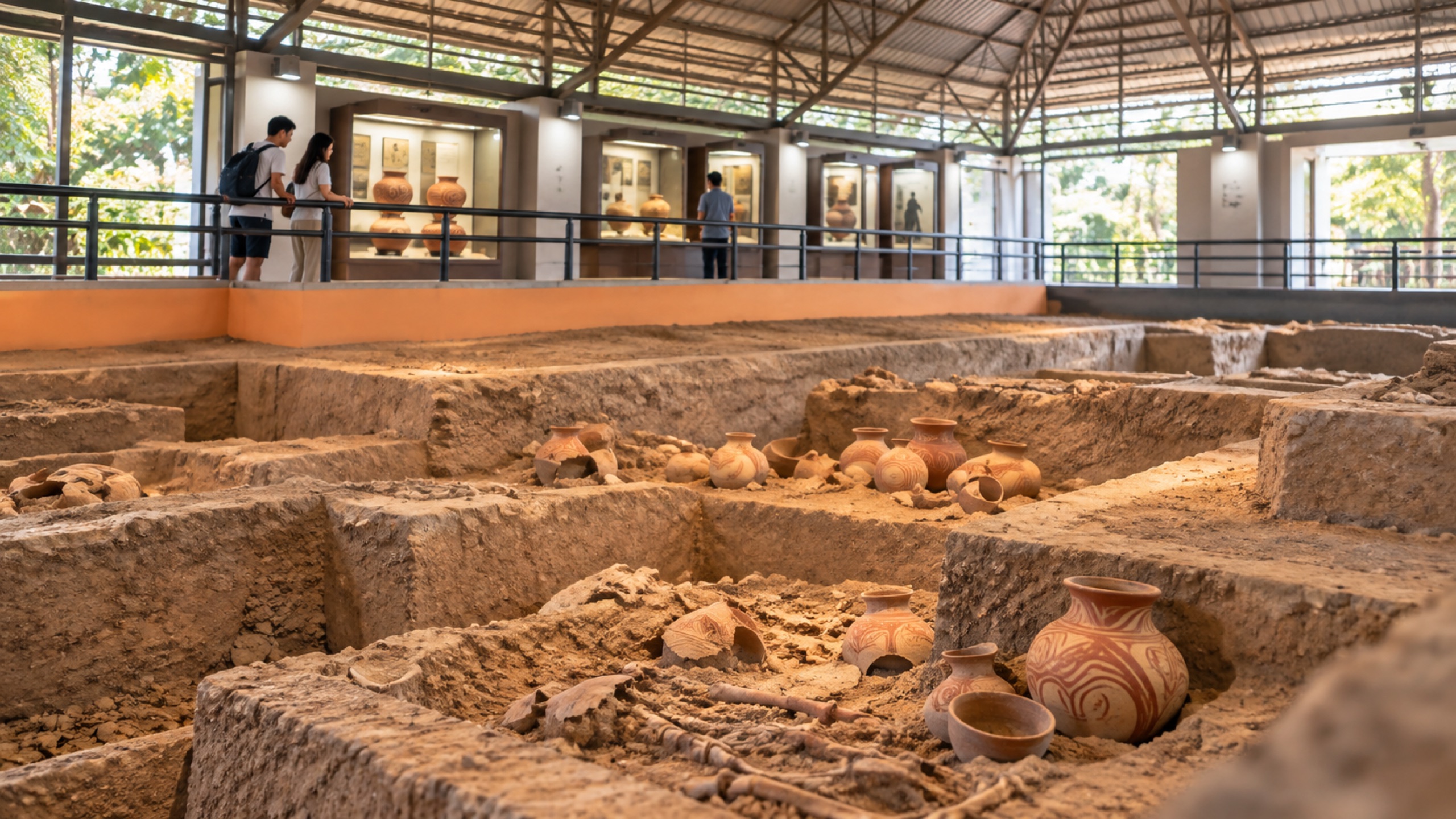 Excavation pit with ancient skeletal remains at Ban Chiang UNESCO site
