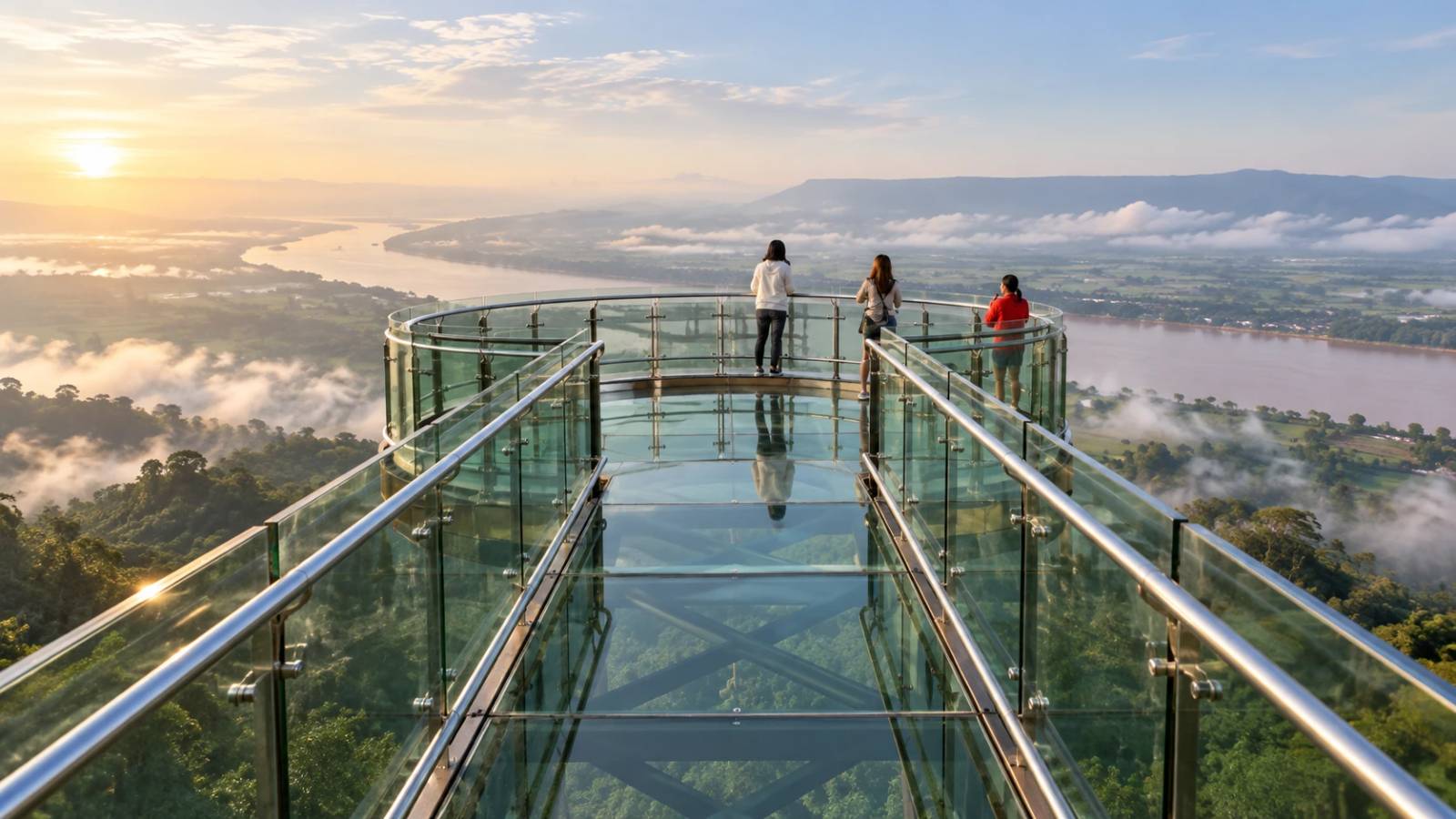 Visitors walking along the transparent glass walkway at Wat Pha Tak Suea Skywalk