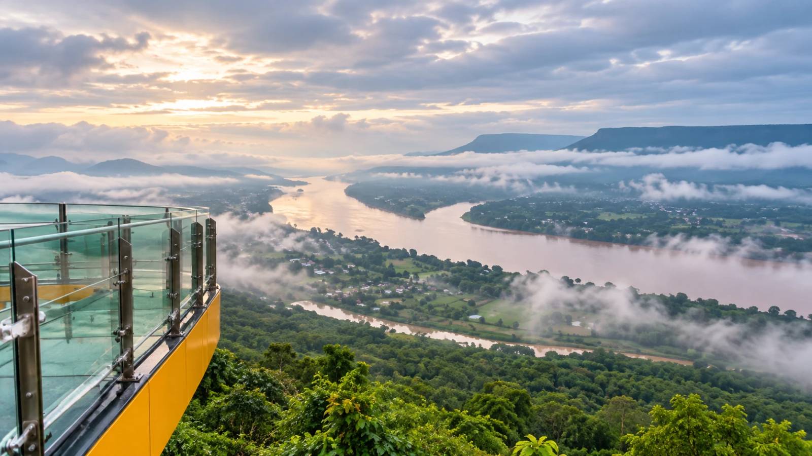 Wide panorama of the Mekong River and Laos from Wat Pha Tak Suea Skywalk, Nong Khai