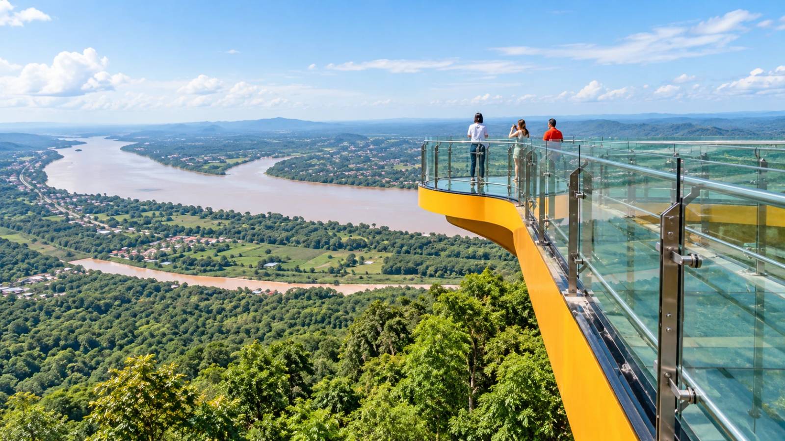 Early morning mist drifting over the Mekong River seen from Wat Pha Tak Suea Skywalk