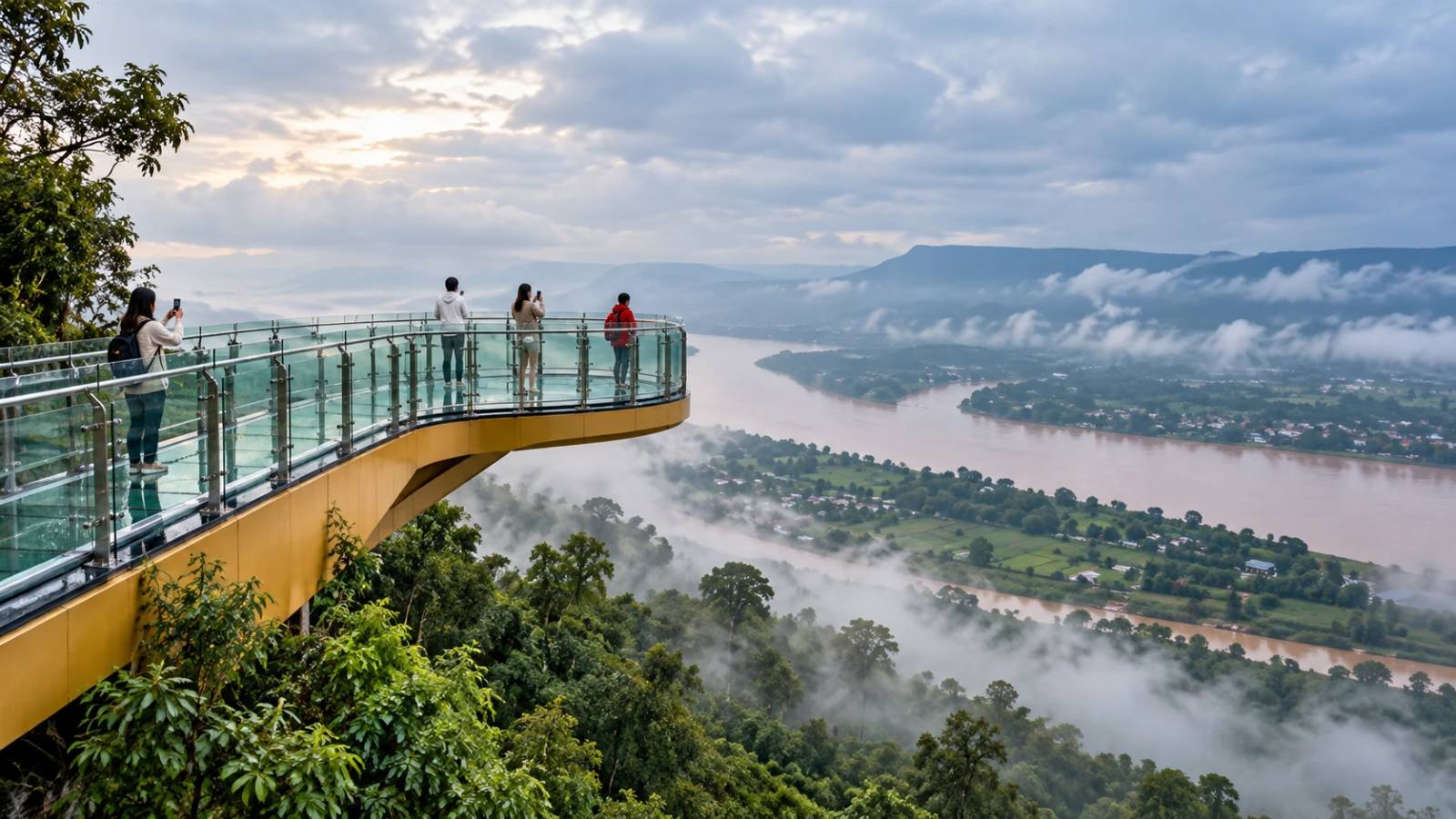 Side view of the curved glass skywalk projecting from the mountainside at Wat Pha Tak Suea