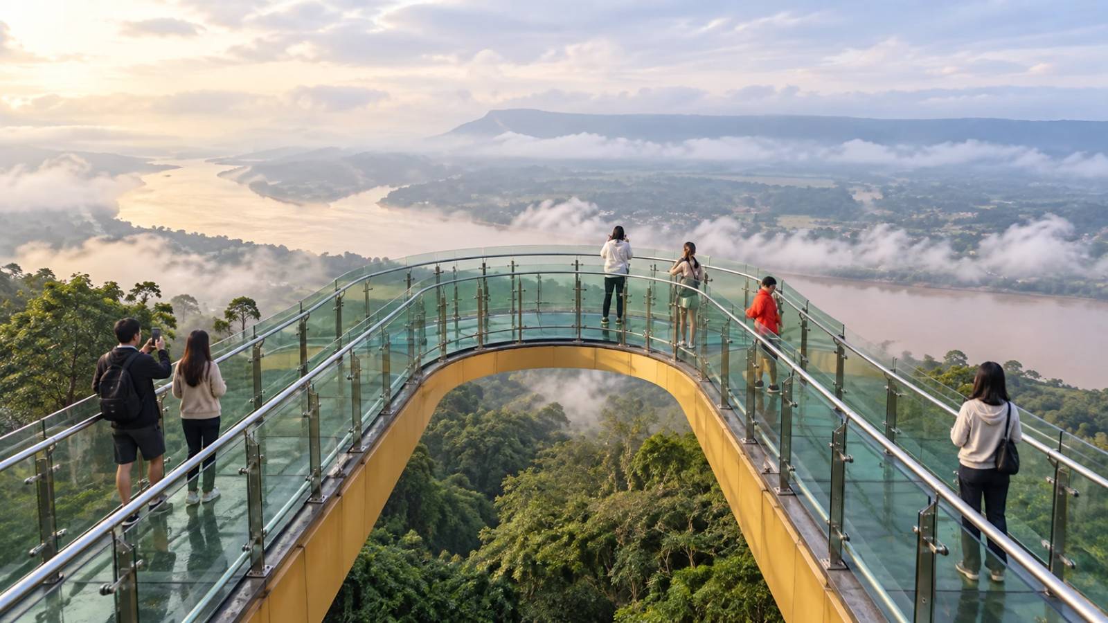 Visitors photographing the Mekong landscape from the glass platform at Wat Pha Tak Suea