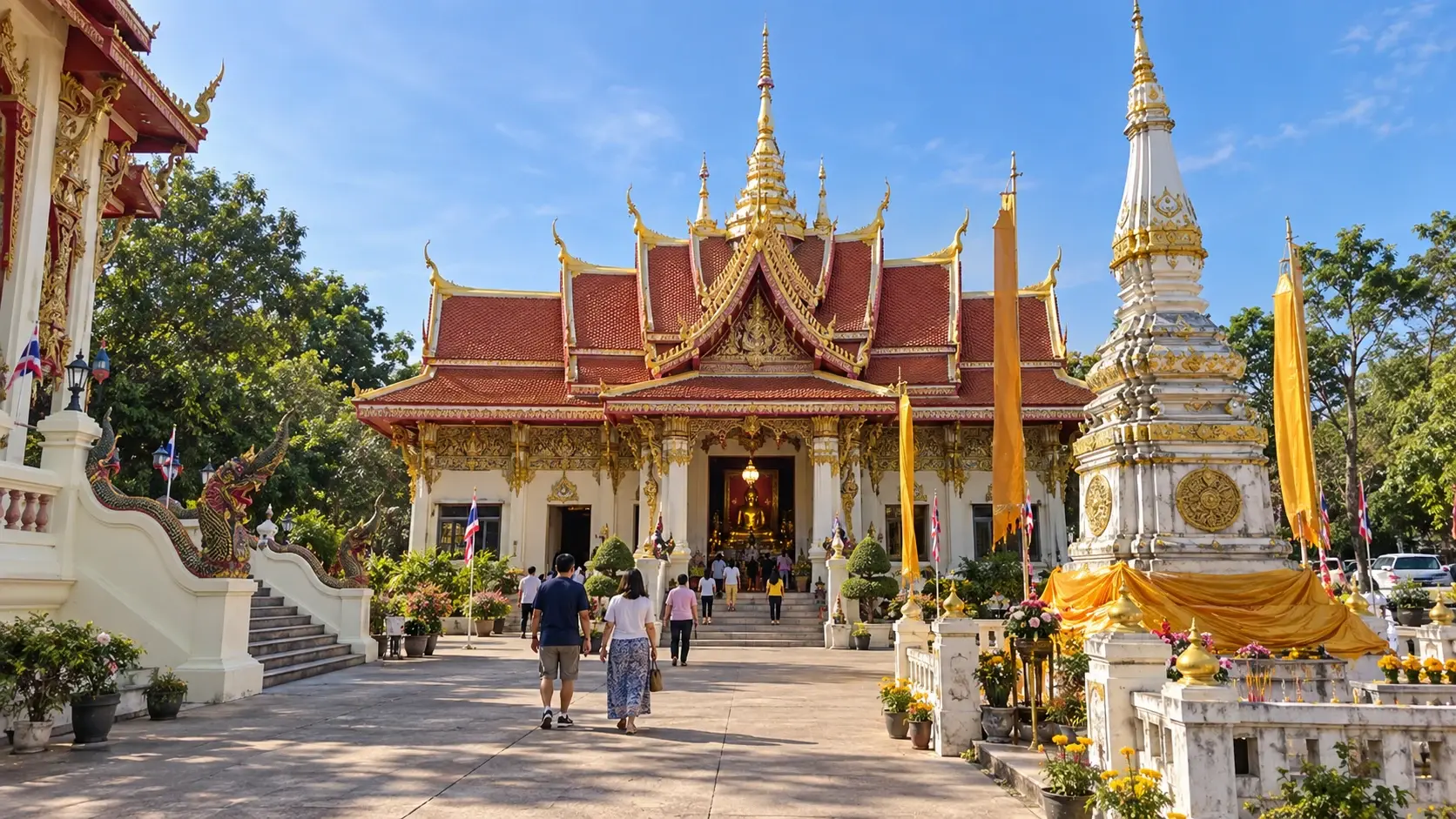 Visitors approaching the main entrance of Wat Pho Chai in Nong Khai