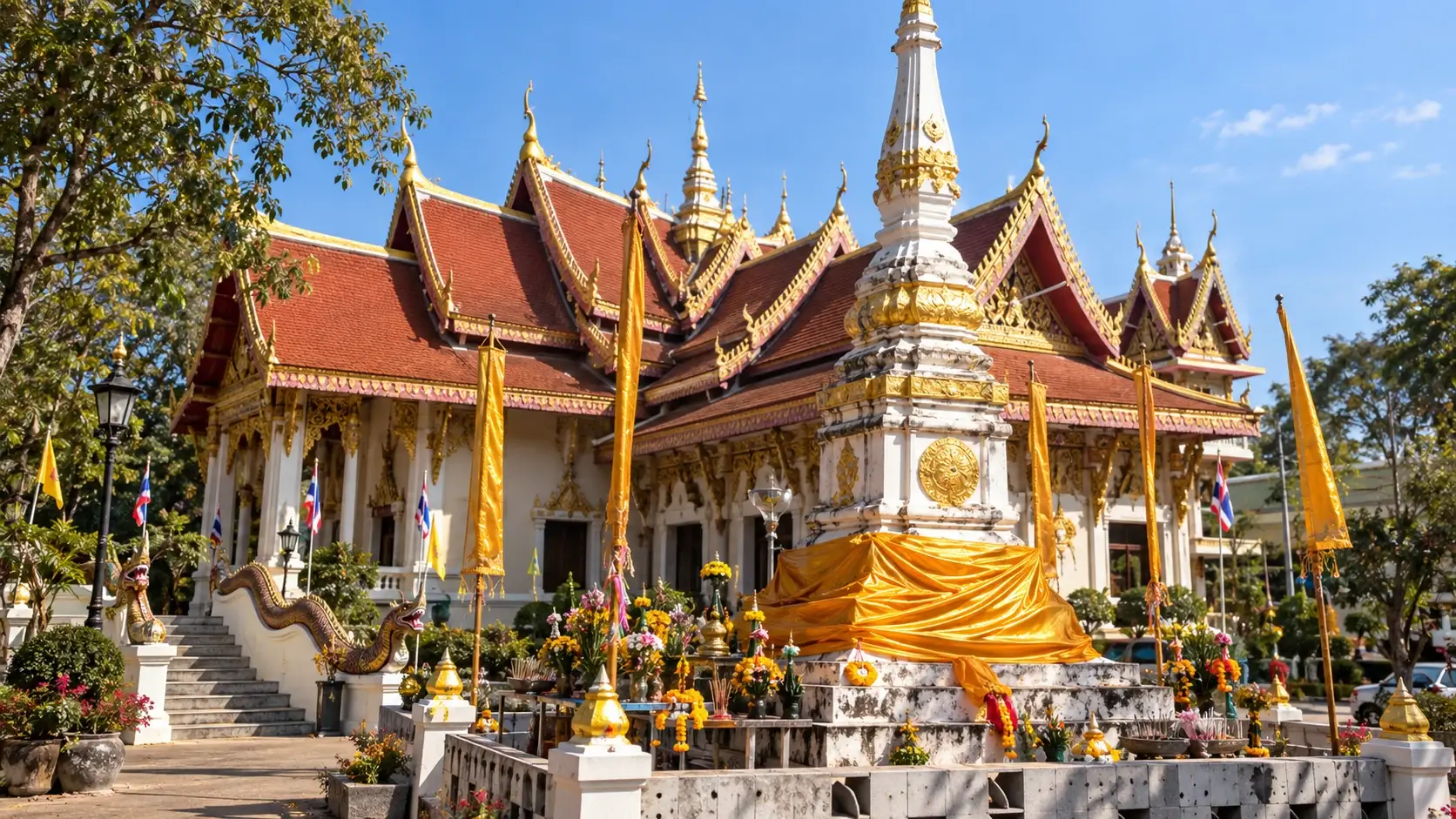 White stupa and main hall at Wat Pho Chai, Nong Khai
