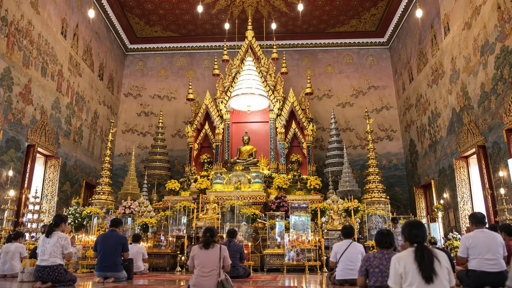 Interior of the ubosot at Wat Pho Chai with worshippers before Luang Pho Phra Sai
