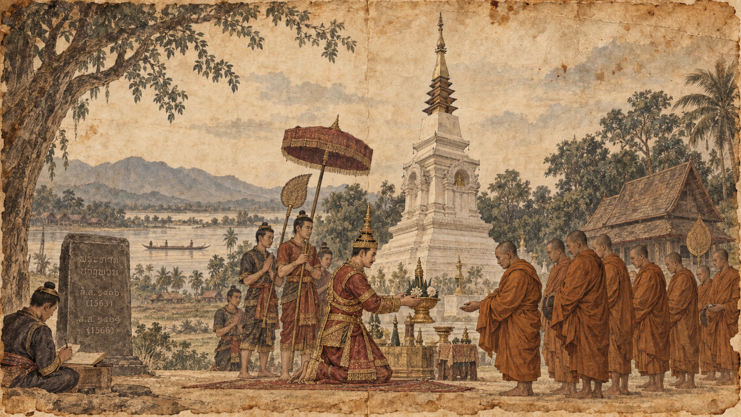 Aged hand-drawn historical illustration showing King Setthathirat making merit at Wat Phra That Bang Phuan with monks, attendants and the sacred stupa in the Lan Xang era.