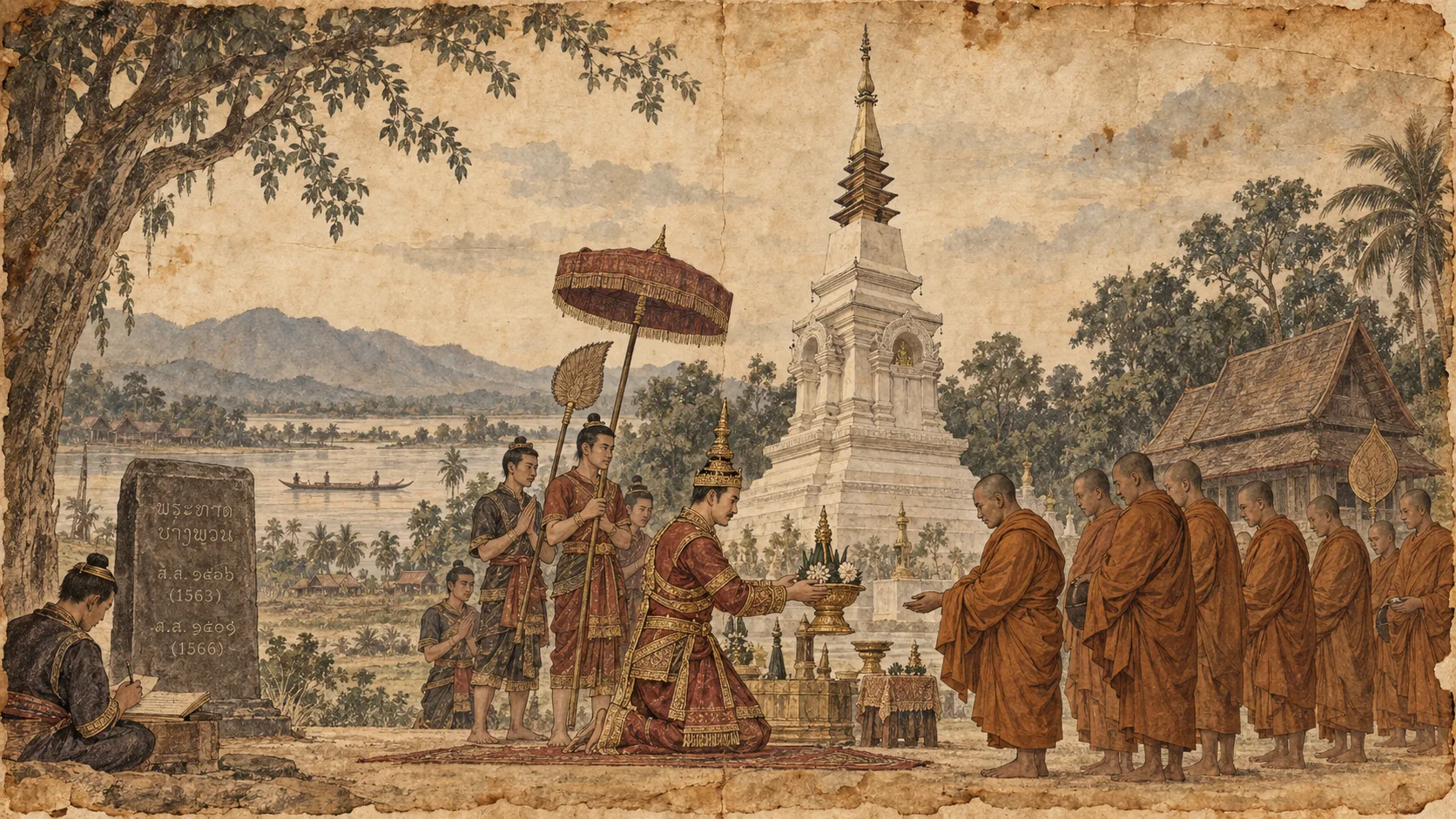 Aged hand-drawn historical illustration showing King Setthathirat making merit at Wat Phra That Bang Phuan with monks, attendants and the sacred stupa in the Lan Xang era.