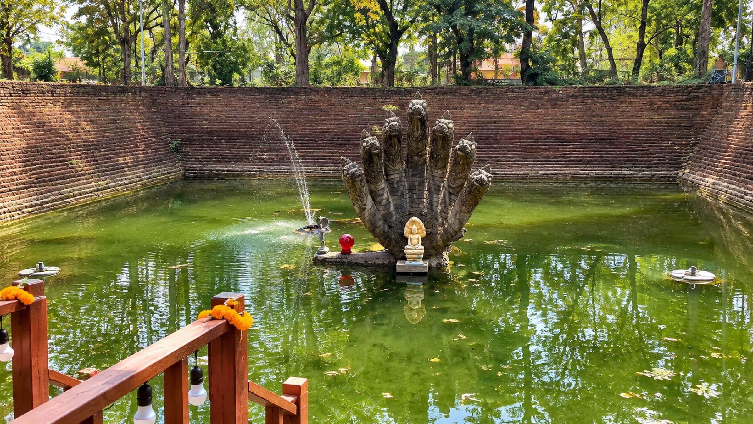 Mucalinda Pond at Wat Phra That Bang Phuan in Nong Khai, with the multi-headed Naga statue rising from the green water inside the brick-lined sacred pond.