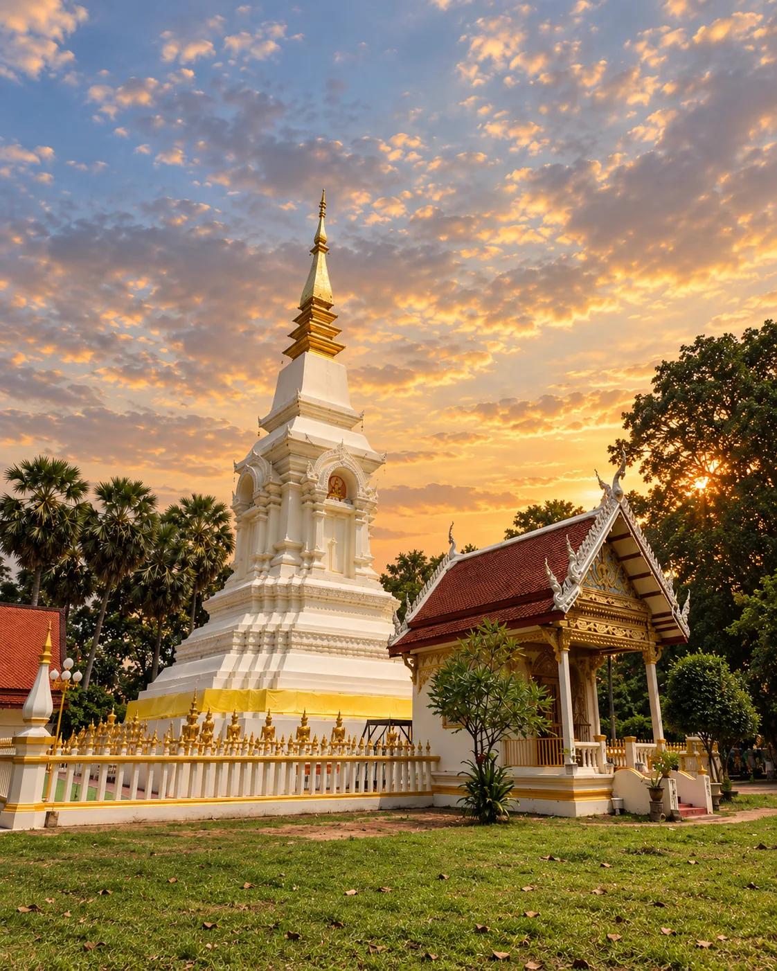 Wat Phra That Bang Phuan stupa and temple hall at sunset in Nong Khai, Thailand