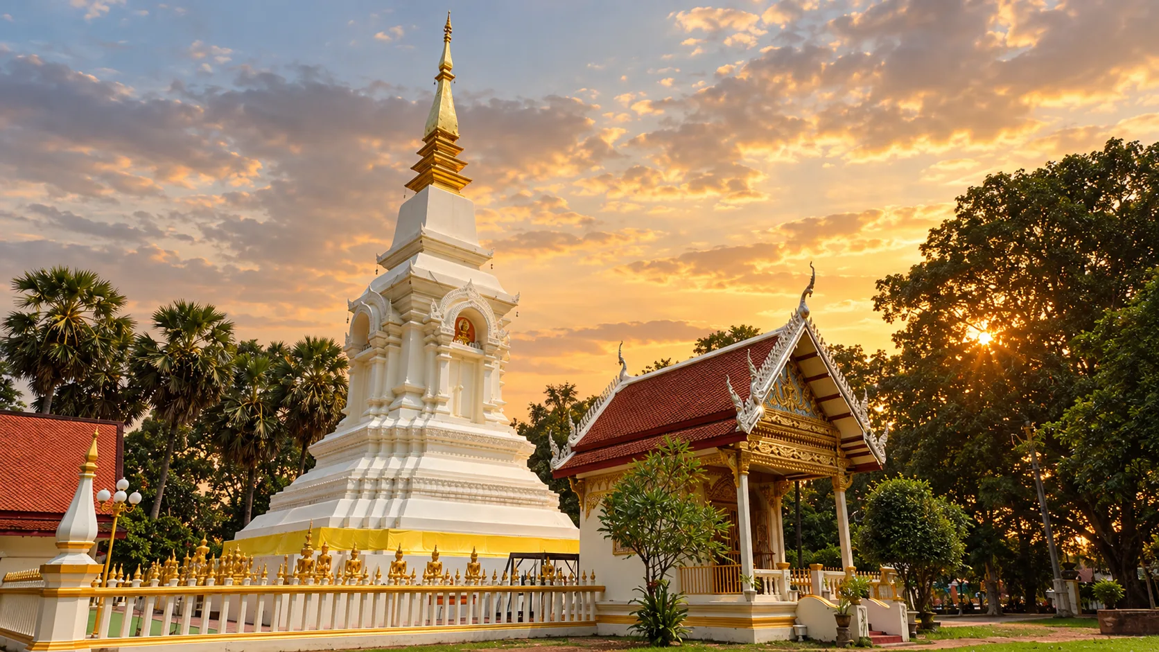Wat Phra That Bang Phuan stupa and temple hall at sunset in Nong Khai, Thailand