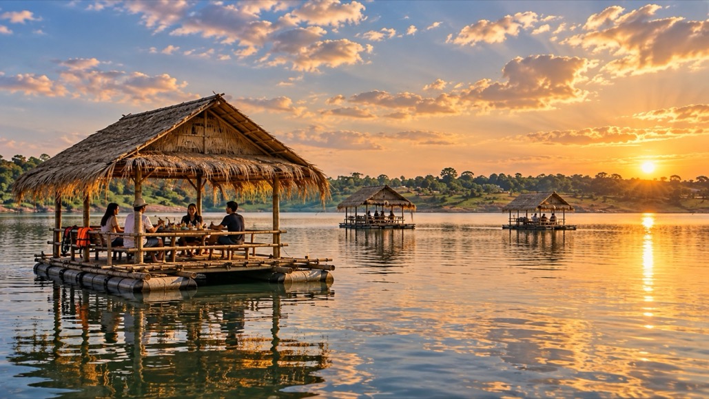 Bamboo rafts with thatched shelters floating on Nam Pan Lake, Udon Thani at sunset