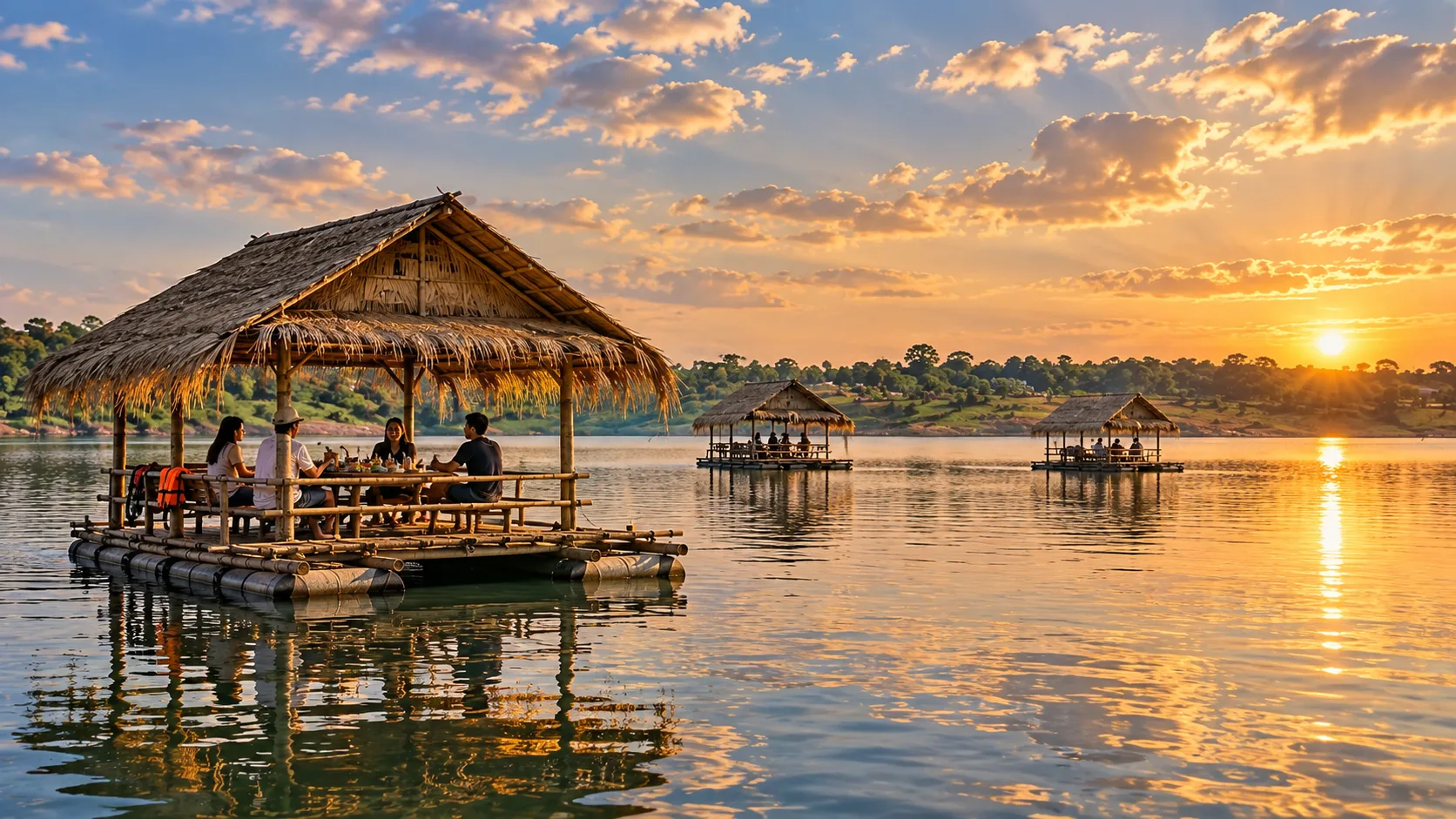 Bamboo rafts with thatched shelters floating on Nam Pan Lake, Udon Thani at sunset
